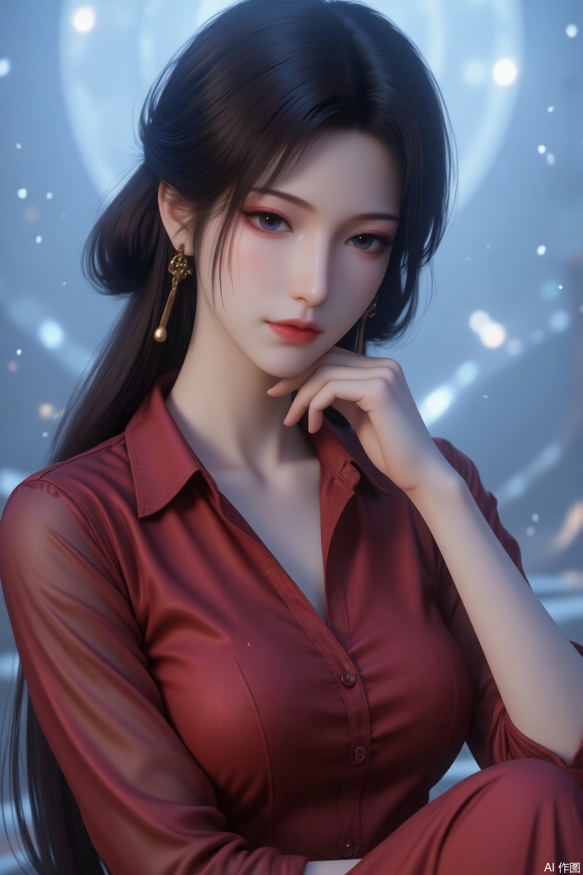 Intellectual elegance, beautiful and generous, long black straight hair, fair and delicate face, gentle and handsome, bright and clear eyes, as charming as autumn water, with a scent of books, a high nose bridge, warm lips, slightly raised corners of the mouth, slender eyebrows exuding charm, wearing a liquid metal dragon blood-red shirt, simple style, exquisite, holding the chin with a hand, sitting on the front, a high-end white-collar beauty, light blue background, hazy and shiny, ultra-high definition, 32K, perfect composition, mn,yuanyao