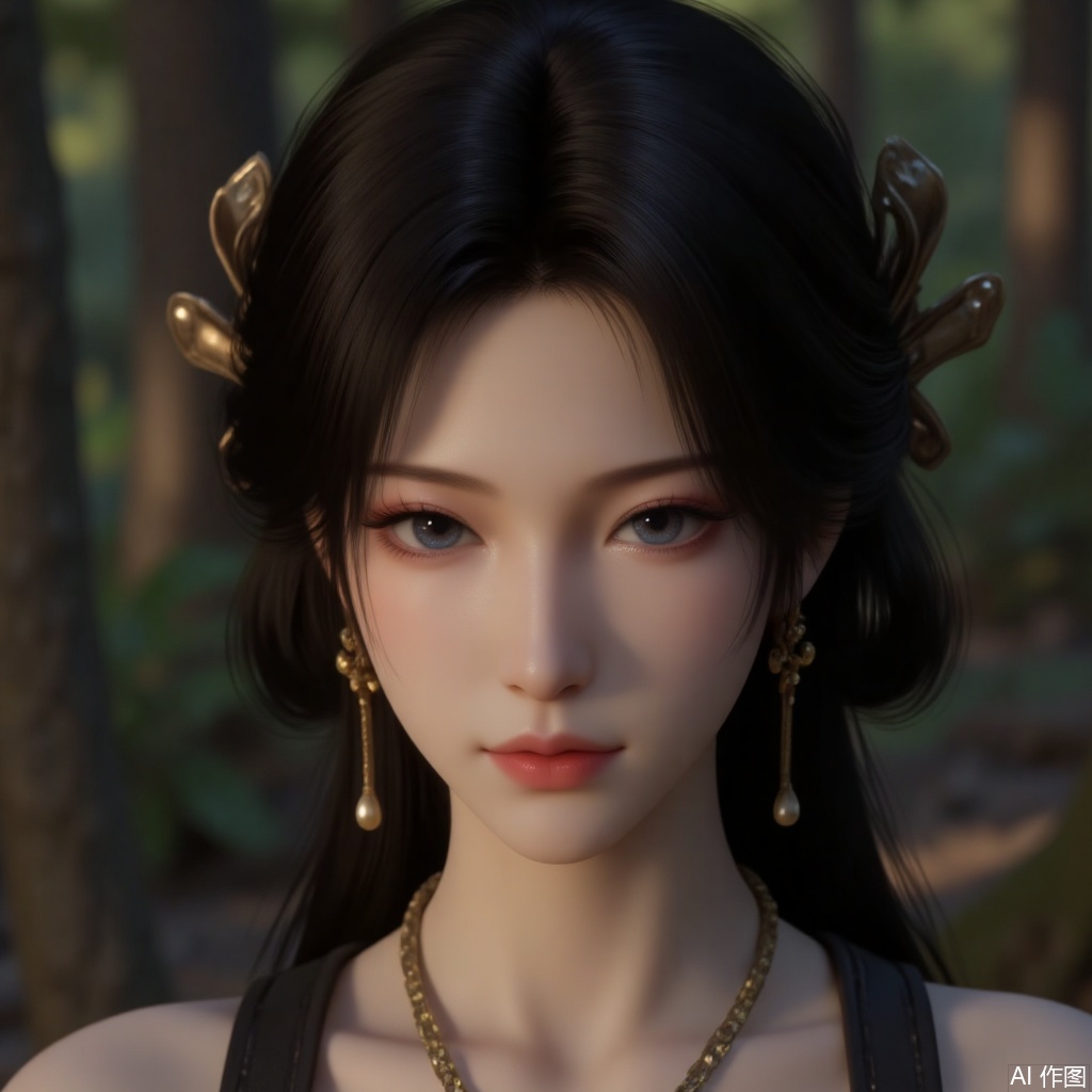 8K resolution, ultra high definition, pixel perfect, ultra fine details, delicate facial features, correct, 1girl, solo,  blue eyes, black hair, jewelry, closed mouth, upper body, earrings, necklace, lips, nature, forest, realistic,mn,yuanyao,With a bulging look,