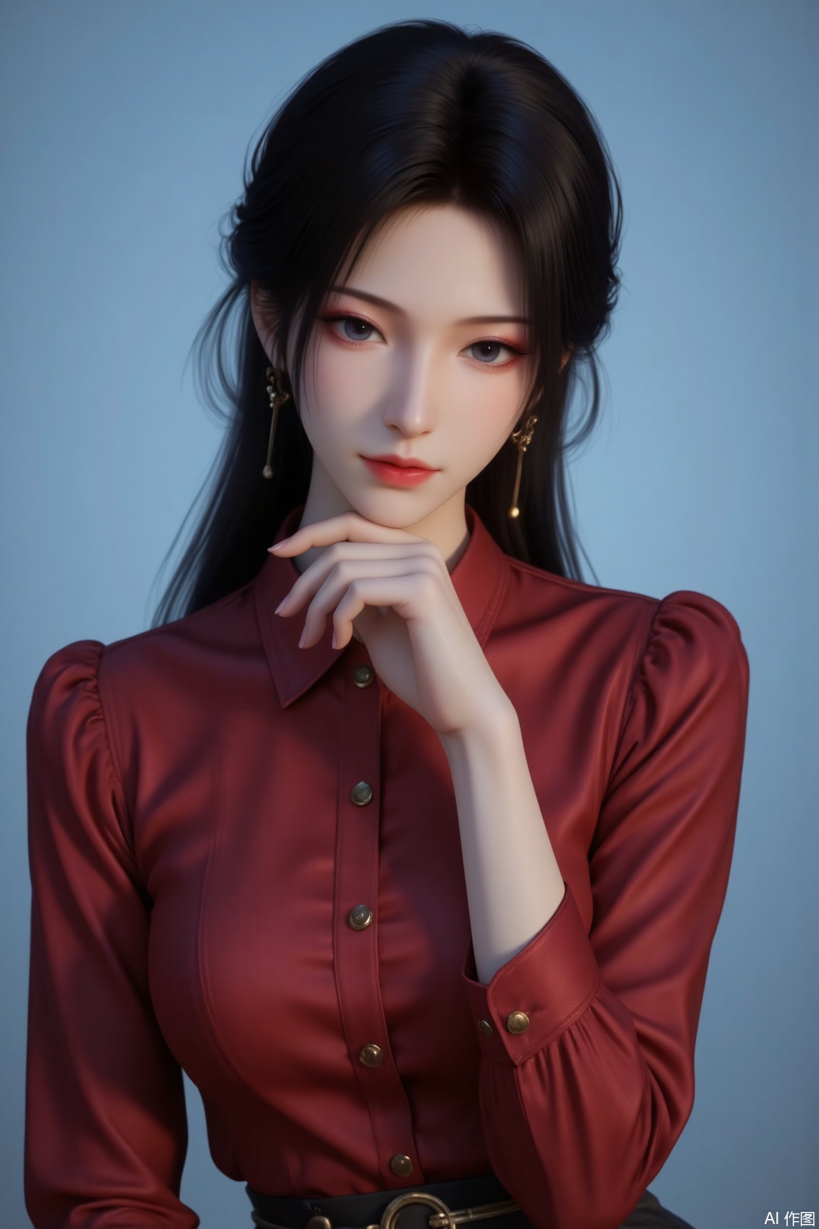 Intellectual elegance, beautiful and generous, long black straight hair, fair and delicate face, gentle and handsome, bright and clear eyes, as charming as autumn water, with a scent of books, a high nose bridge, warm lips, slightly raised corners of the mouth, slender eyebrows exuding charm, wearing a liquid metal dragon blood-red shirt, simple style, exquisite, holding the chin with a hand, sitting on the front, a high-end white-collar beauty, light blue background, hazy and shiny, ultra-high definition, 32K, perfect composition, mn,yuanyao