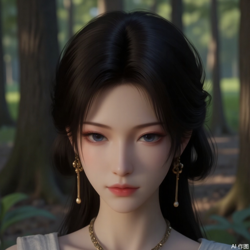 8K resolution, ultra high definition, pixel perfect, ultra fine details, delicate facial features, correct, 1girl, solo,  blue eyes, black hair, jewelry, closed mouth, upper body, earrings, necklace, lips, nature, forest, realistic,mn,yuanyao