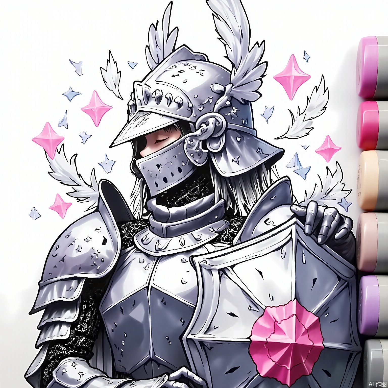 MKB, there are several markers on the side of the background.
A knight in shimmering silver armor, holding a rose-quartz shield embossed with stars. Their visor is lifted, revealing closed eyes and a gentle smile. Soft pink and platinum accents glow, with floating feather confetti in pearl white.
