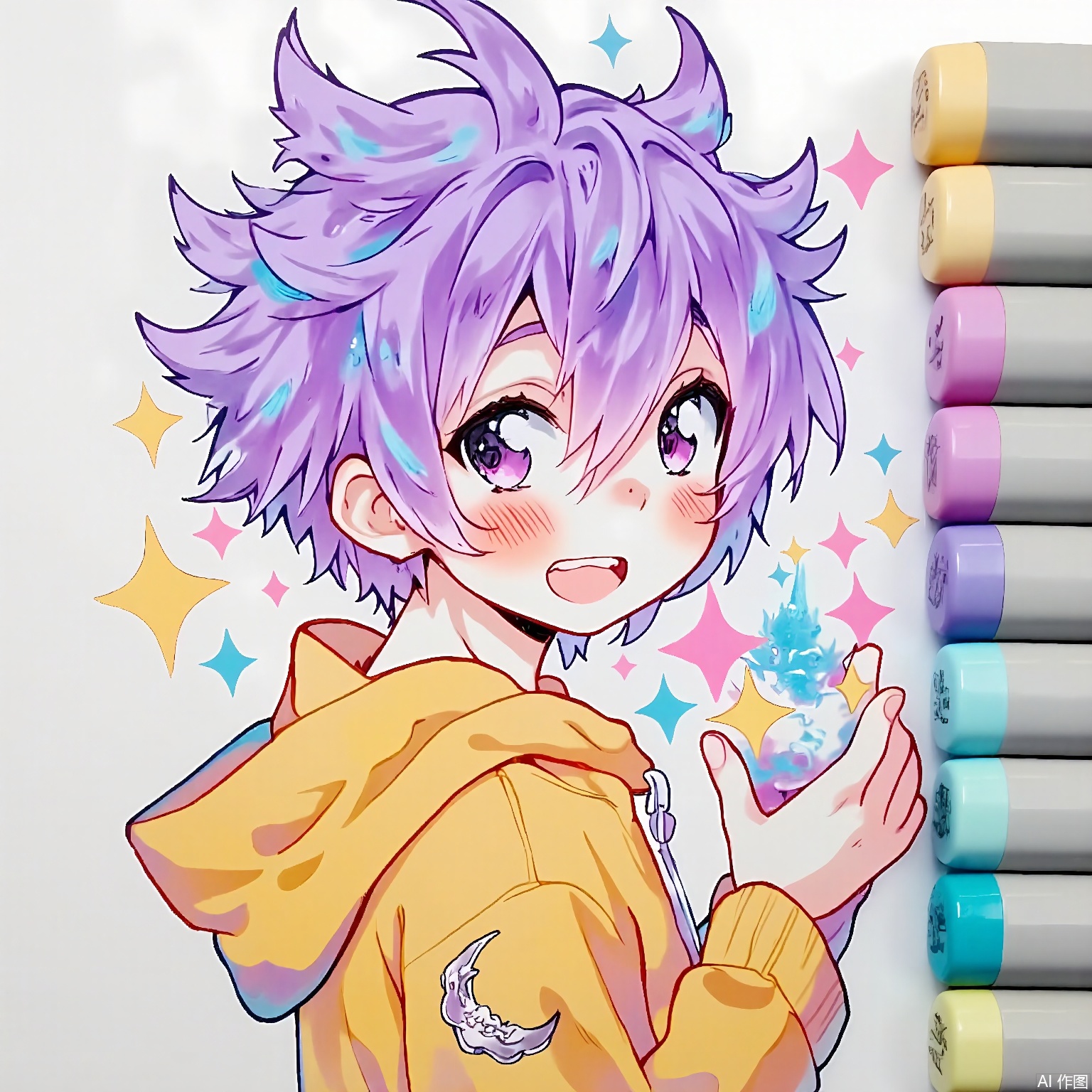 MKB, there are several markers on the side of the background.
A young man with spiky lavender hair, wearing a pastel yellow hoodie with crescent moon patches, holding a glowing orb emitting starry sparks. His eyes are half-lidded with a tranquil smile, hair streaked with silver glitter. Soft pink and mint accents, dreamy bokeh effects around him.