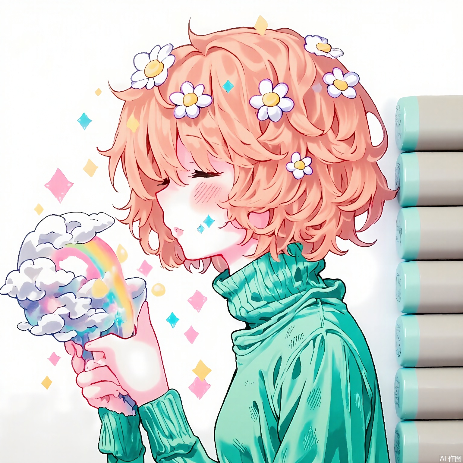 MKB, there are several markers on the side of the background.
A gender-neutral figure with curly peach-pink hair adorned with floating daisies, wearing a mint-green turtleneck with cloud-shaped cuffs. They hold a translucent wand with swirling galaxy patterns, eyes closed in peaceful concentration. Delicate rainbow confetti dots drift around their serene face.
