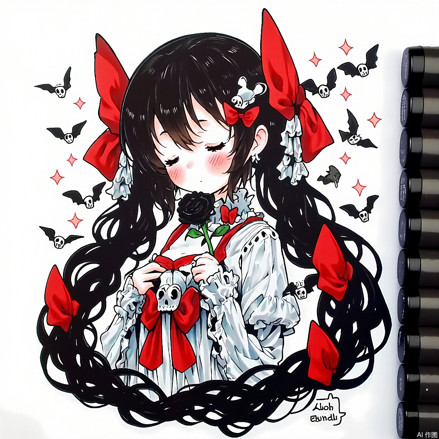 MKB, there are several markers on the side of the background.
A gothic lolita with jet-black curls tied with blood-red ribbons, wearing a frilly white dress with skull-shaped lace. She holds a black rose wand, eyes closed in melancholic grace. Deep crimson and charcoal accents contrast with her pale complexion, surrounded by floating bat-shaped confetti.
