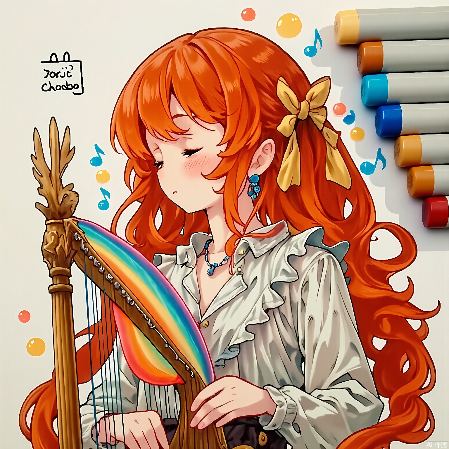 MKB, there are several markers on the side of the background.
A bard with flowing auburn hair tied with golden threads, wearing a ruffled poet’s blouse. They strum a harp with rainbow strings, eyes closed in musical rapture. Soft orange and amber hues blend with floating musical notes in pastel tones.
