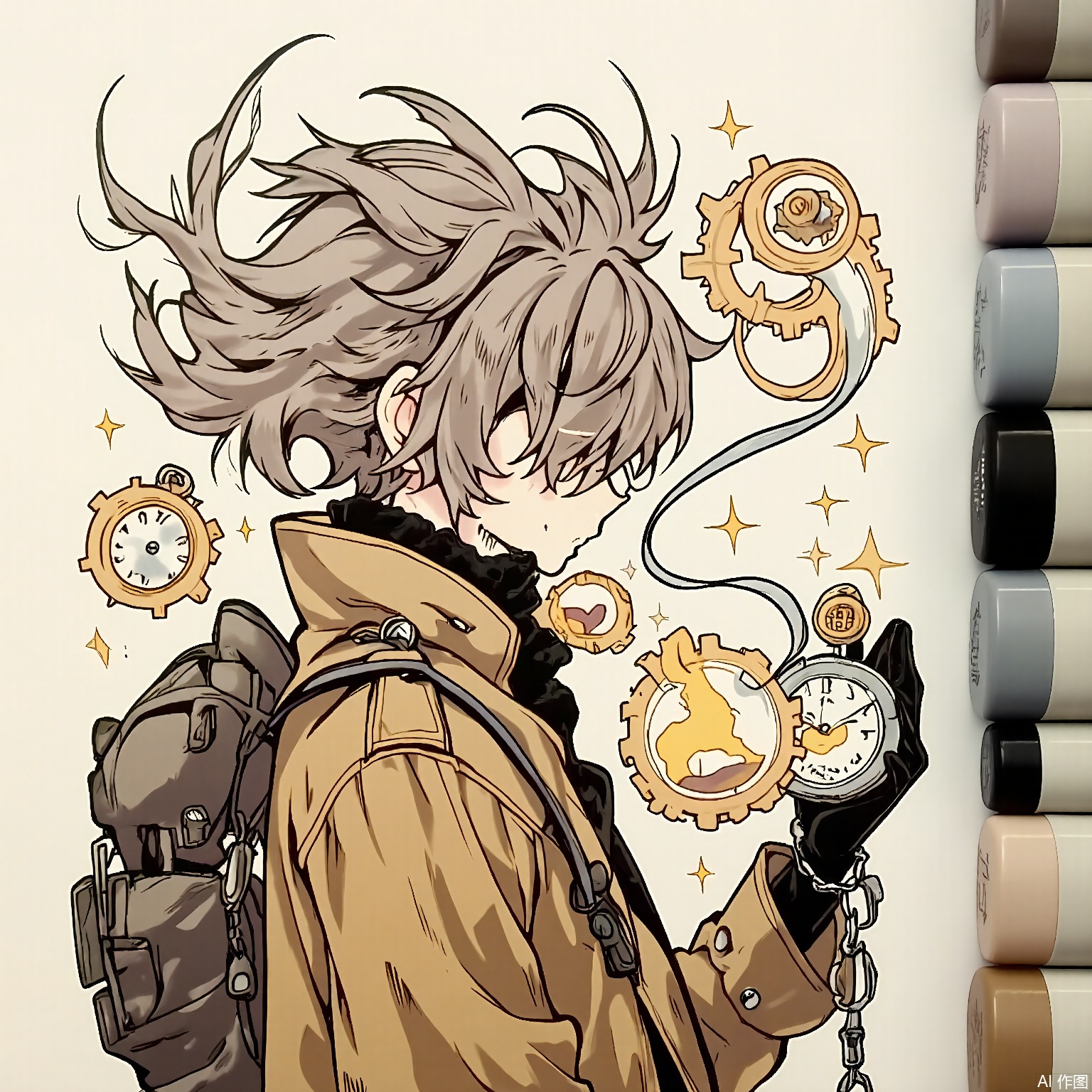 MKB, there are several markers on the side of the background.
A time traveler with silver-streaked hair, wearing a trench coat with pocket watch chains. They hold a glowing hourglass emitting golden sand, expression thoughtful. Soft sepia and cream tones blend with floating clock gears in the air.
