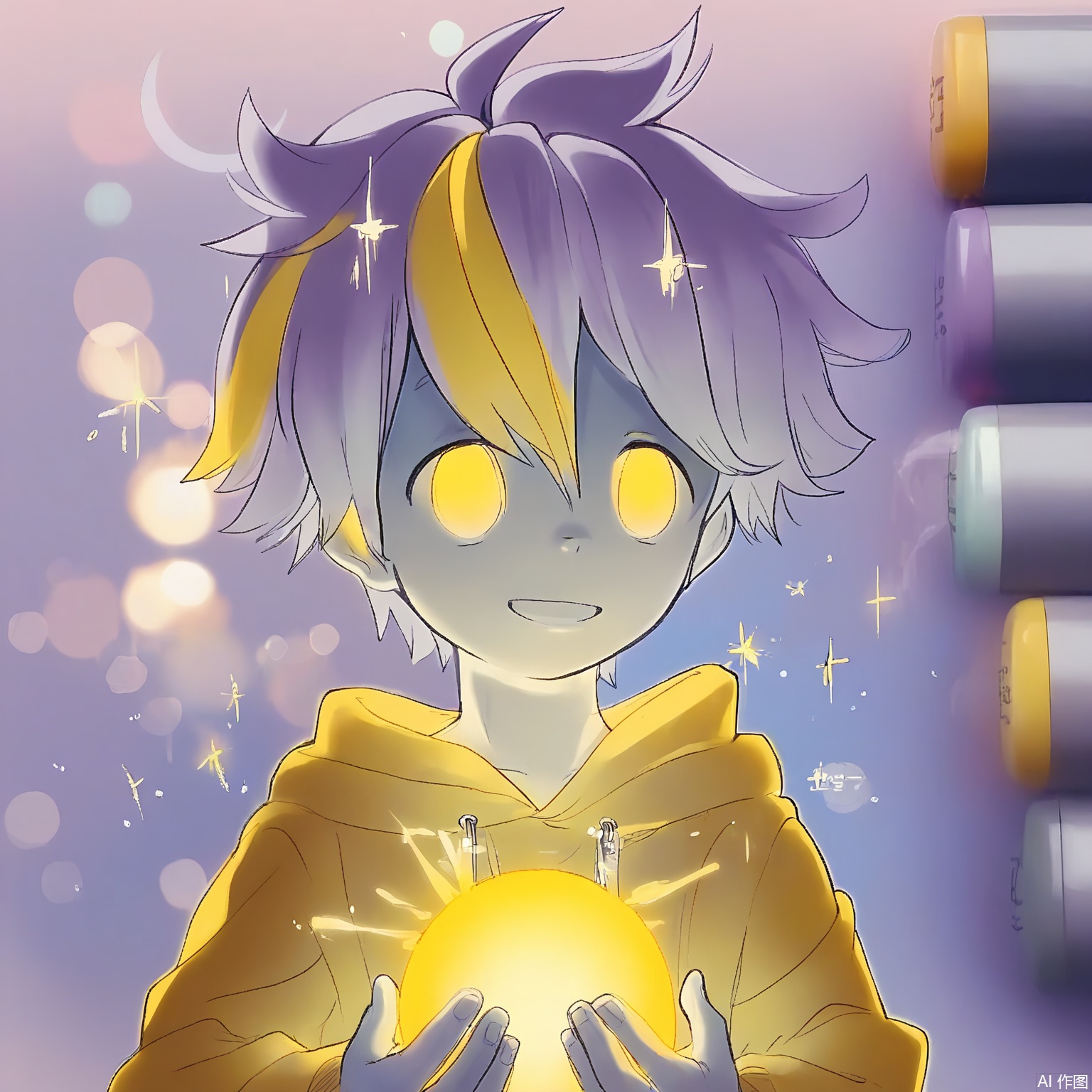 MKB, there are several markers on the side of the background. A young man with spiky lavender hair, wearing a pastel yellow hoodie with crescent moon patches, holding a glowing orb emitting starry sparks. His eyes are half-lidded with a tranquil smile, hair streaked with silver glitter. Soft pink and mint accents, dreamy bokeh effects around him.

