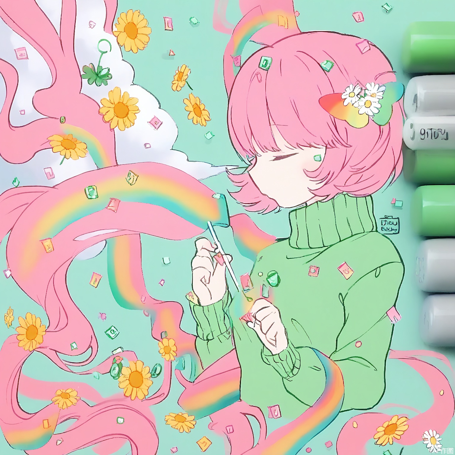 MKB, there are several markers on the side of the background. A gender-neutral figure with curly peach-pink hair adorned with floating daisies, wearing a mint-green turtleneck with cloud-shaped cuffs. They hold a translucent wand with swirling galaxy patterns, eyes closed in peaceful concentration. Delicate rainbow confetti dots drift around their serene face.

