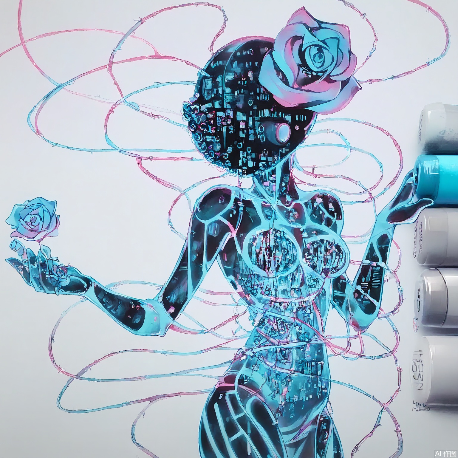 MKB, there are several markers on the side of the background. A cybernetic hand holding a holographic rose, wires and circuits visible beneath translucent skin. The rose pulses with data streams, eyes hidden behind augmented reality visors. Neon-blue and pink accents contrast with the white background, surrounded by floating binary code.

