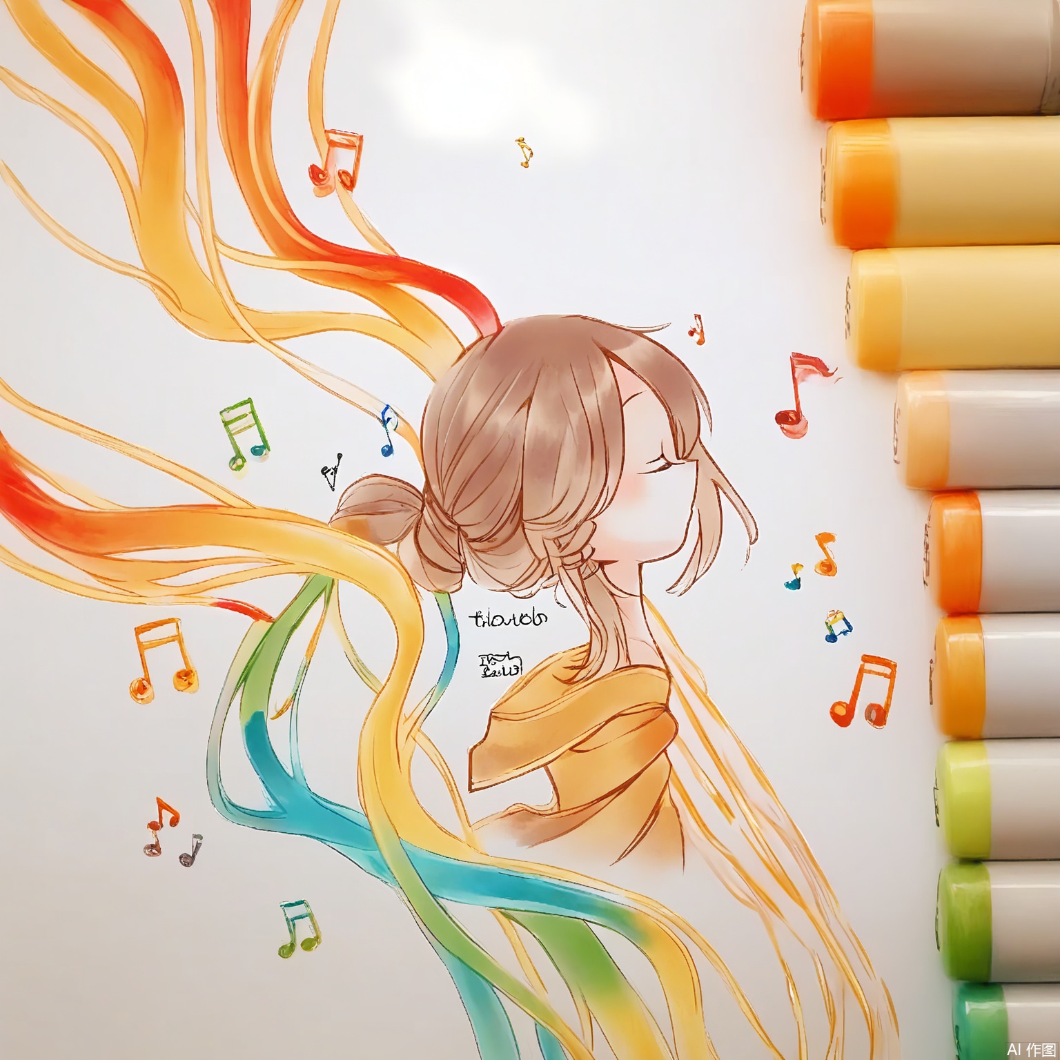 MKB, there are several markers on the side of the background. A bard with flowing auburn hair tied with golden threads, wearing a ruffled poet’s blouse. They strum a harp with rainbow strings, eyes closed in musical rapture. Soft orange and amber hues blend with floating musical notes in pastel tones.

