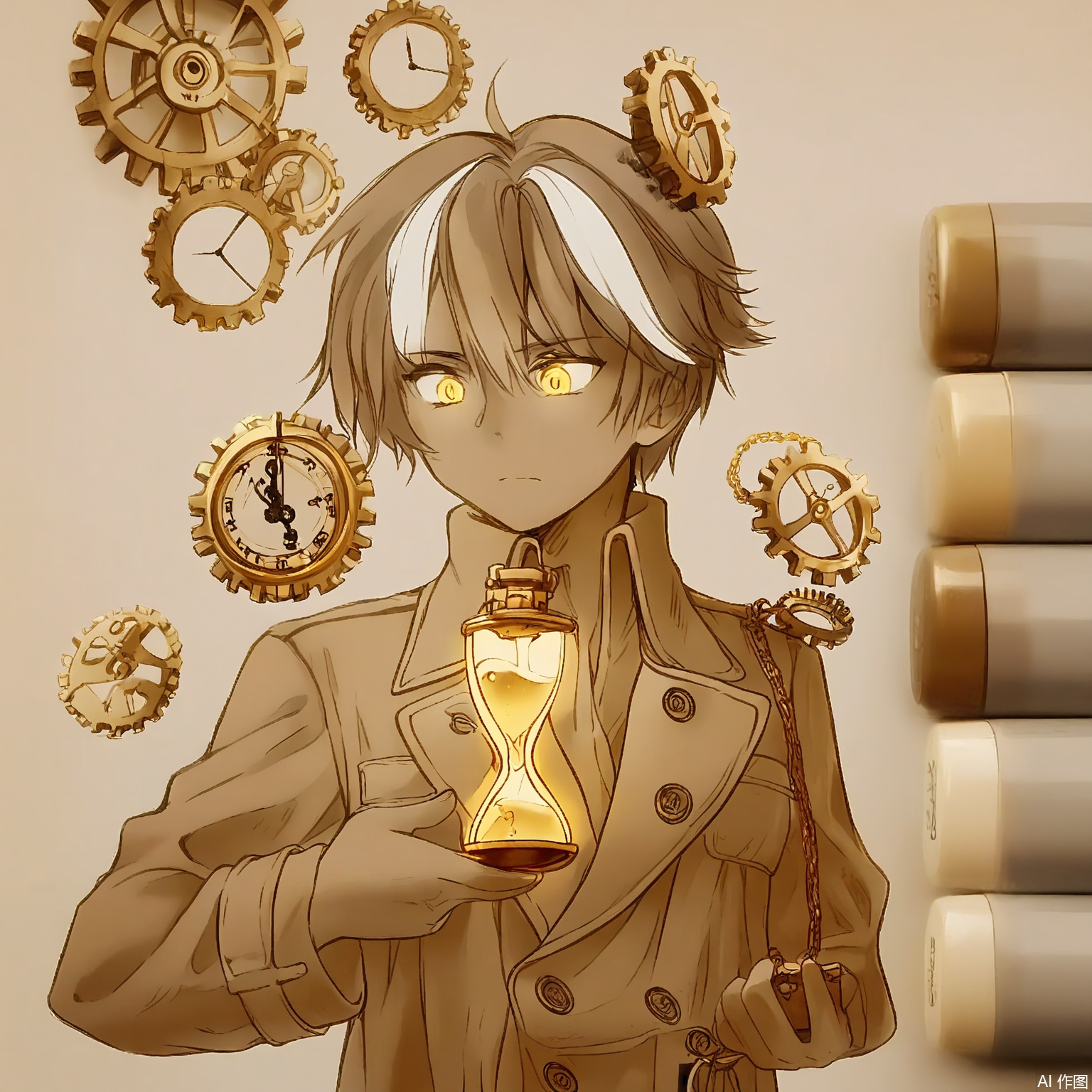 MKB, there are several markers on the side of the background. A time traveler with silver-streaked hair, wearing a trench coat with pocket watch chains. They hold a glowing hourglass emitting golden sand, expression thoughtful. Soft sepia and cream tones blend with floating clock gears in the air.
