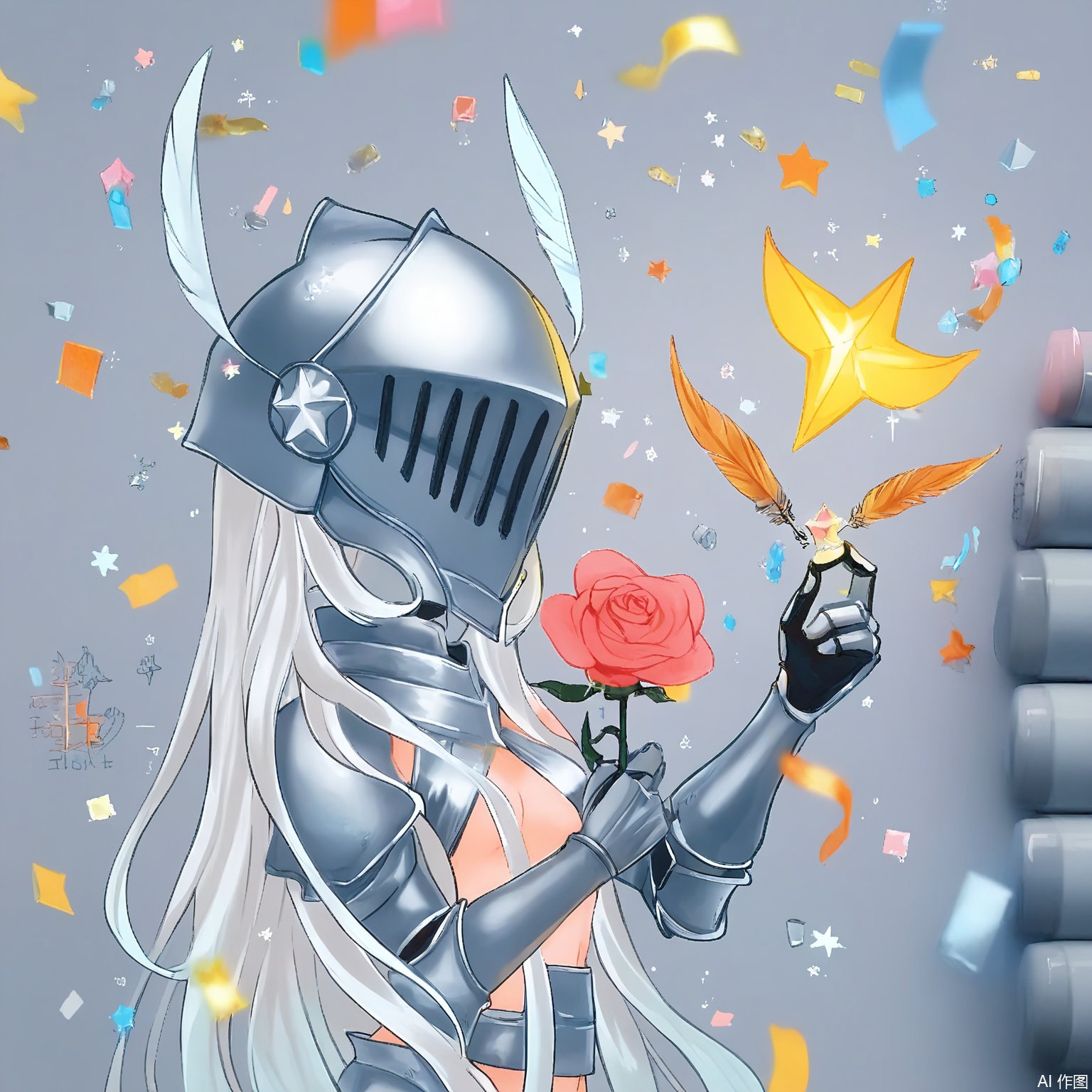 MKB, there are several markers on the side of the background. A knight in shimmering silver armor, holding a rose-quartz shield embossed with stars. Their visor is lifted, revealing closed eyes and a gentle smile. Soft pink and platinum accents glow, with floating feather confetti in pearl white.

