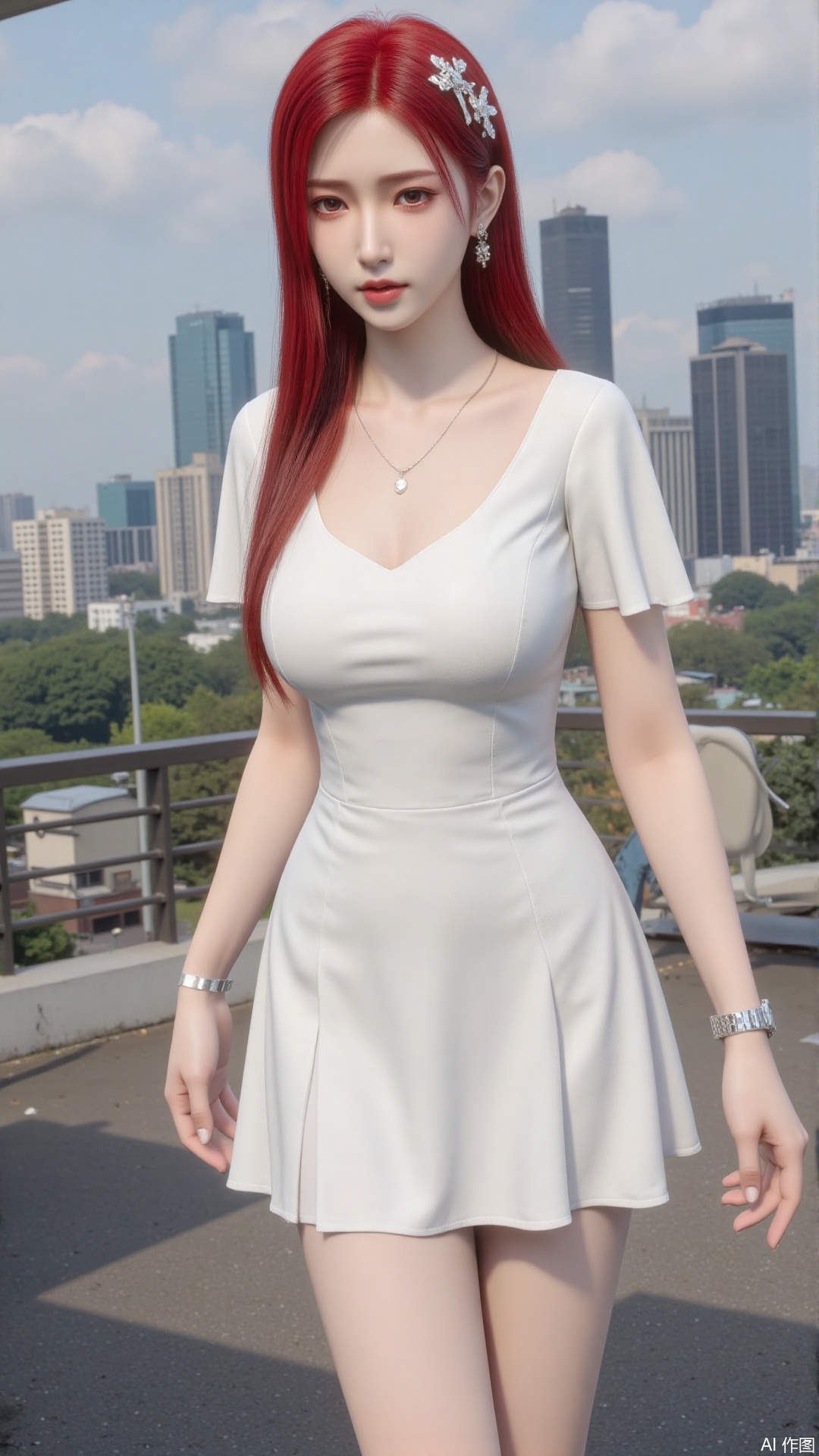 1girl, red hair, long hair, white dress, mischevious smile, perfect body, scenery, sharp focus, best quality, masterpiece, detailed outfit, illustration, perfect eyes, finely detailed beautiful anime eyes, realistic skin, intricate details, best lighting, depth of field, ultra high resolution, cowboy shot