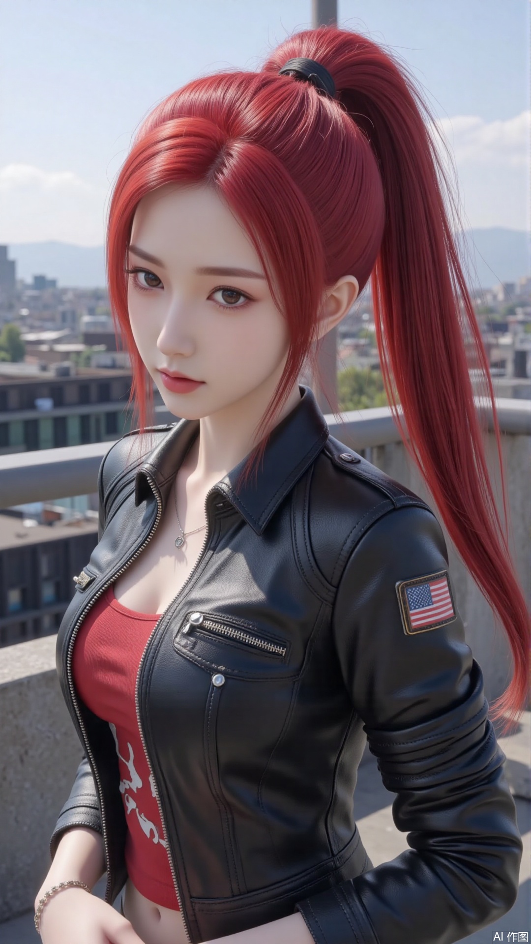 1girl, red hair, ponytail, jacket, mischevious smile, perfect body, scenery, sharp focus, best quality, masterpiece, detailed outfit, illustration, perfect eyes, finely detailed beautiful anime eyes, realistic skin, intricate details, best lighting, depth of field, ultra high resolution,cowboy_shot