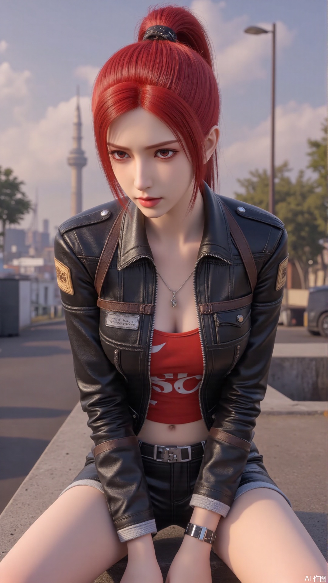 1girl, red hair, ponytail, jacket, mischevious smile, perfect body, scenery, sharp focus, best quality, masterpiece, detailed outfit, illustration, perfect eyes, finely detailed beautiful anime eyes, realistic skin, intricate details, best lighting, depth of field, ultra high resolution, sitting