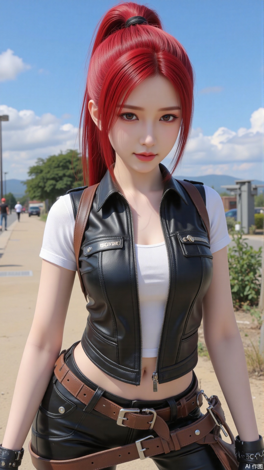 1girl, red hair, ponytail, jacket, mischevious smile, perfect body, scenery, sharp focus, best quality, masterpiece, detailed outfit, illustration, perfect eyes, finely detailed beautiful anime eyes, realistic skin, intricate details, best lighting, depth of field, ultra high resolution, cowboy shot