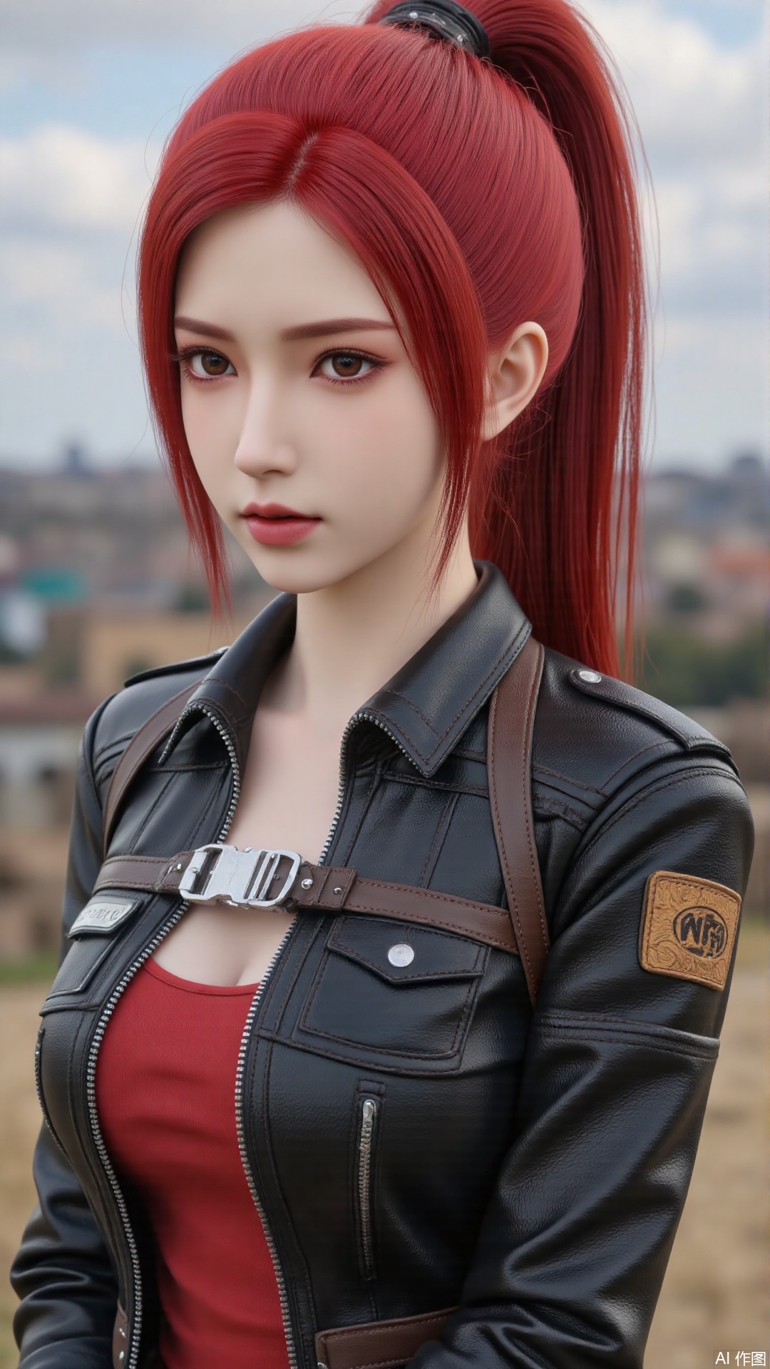 1girl, red hair, ponytail, jacket, mischevious smile, perfect body, scenery, sharp focus, best quality, masterpiece, detailed outfit, illustration, perfect eyes, finely detailed beautiful anime eyes, realistic skin, intricate details, best lighting, depth of field, ultra high resolution, cowboy shot
