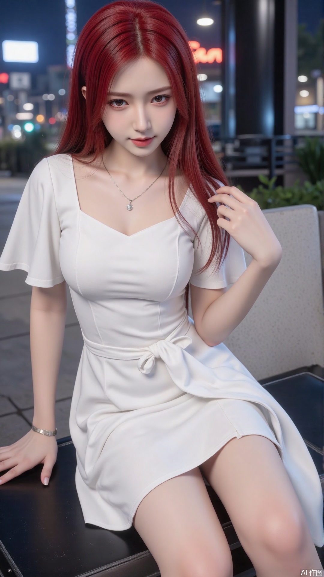 1girl, red hair, long hair, white dress, mischevious smile, perfect body, scenery, sharp focus, best quality, masterpiece, detailed outfit, illustration, perfect eyes, finely detailed beautiful anime eyes, realistic skin, intricate details, best lighting, depth of field, ultra high resolution, sitting