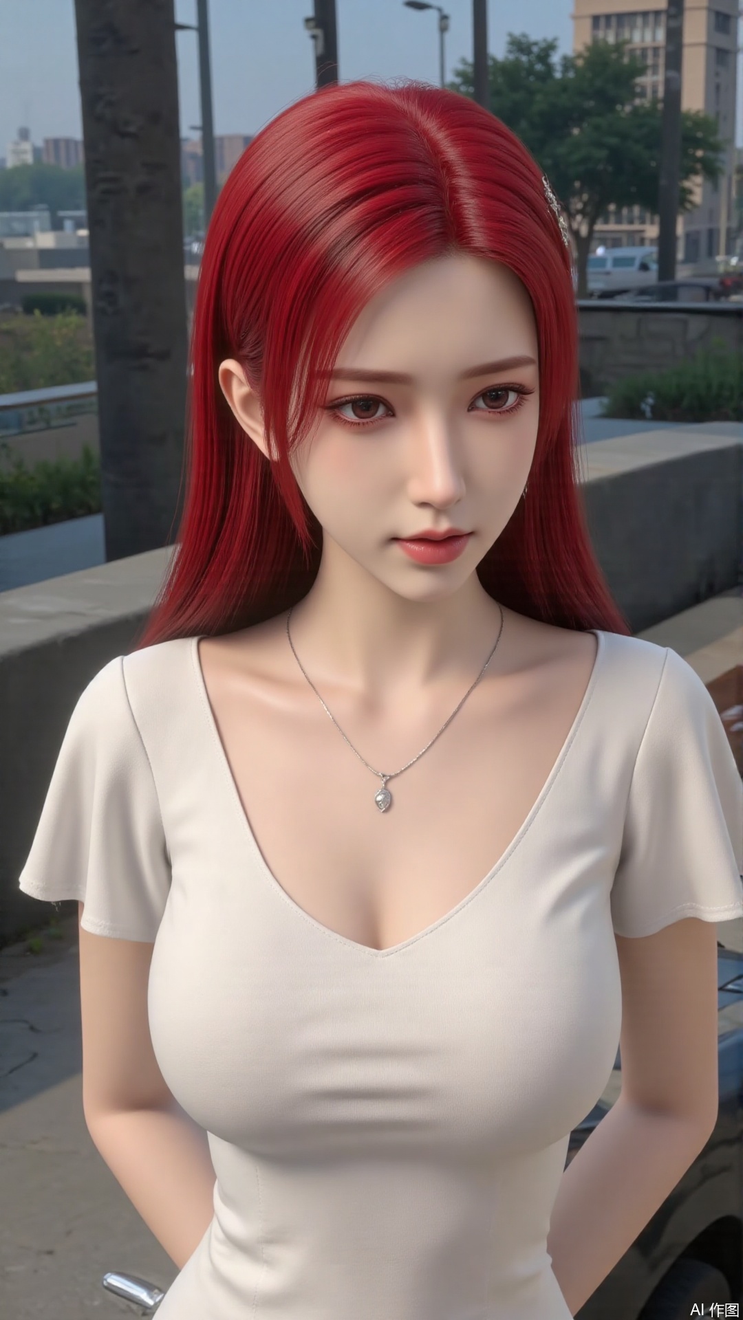 1girl, red hair, long hair, white dress, mischevious smile, perfect body, scenery, sharp focus, best quality, masterpiece, detailed outfit, illustration, perfect eyes, finely detailed beautiful anime eyes, realistic skin, intricate details, best lighting, depth of field, ultra high resolution, cowboy shot