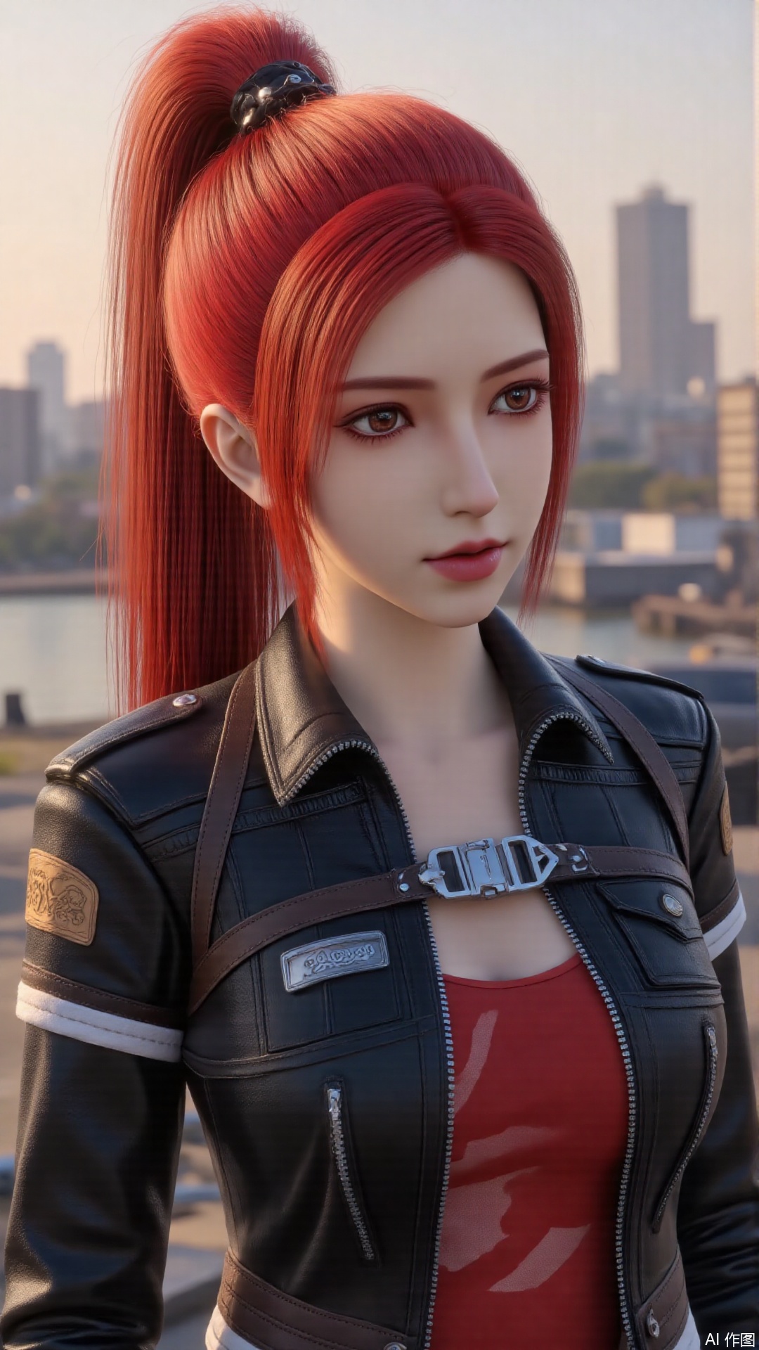 1girl, red hair, ponytail, jacket, mischevious smile, perfect body, scenery, sharp focus, best quality, masterpiece, detailed outfit, illustration, perfect eyes, finely detailed beautiful anime eyes, realistic skin, intricate details, best lighting, depth of field, ultra high resolution, cowboy shot