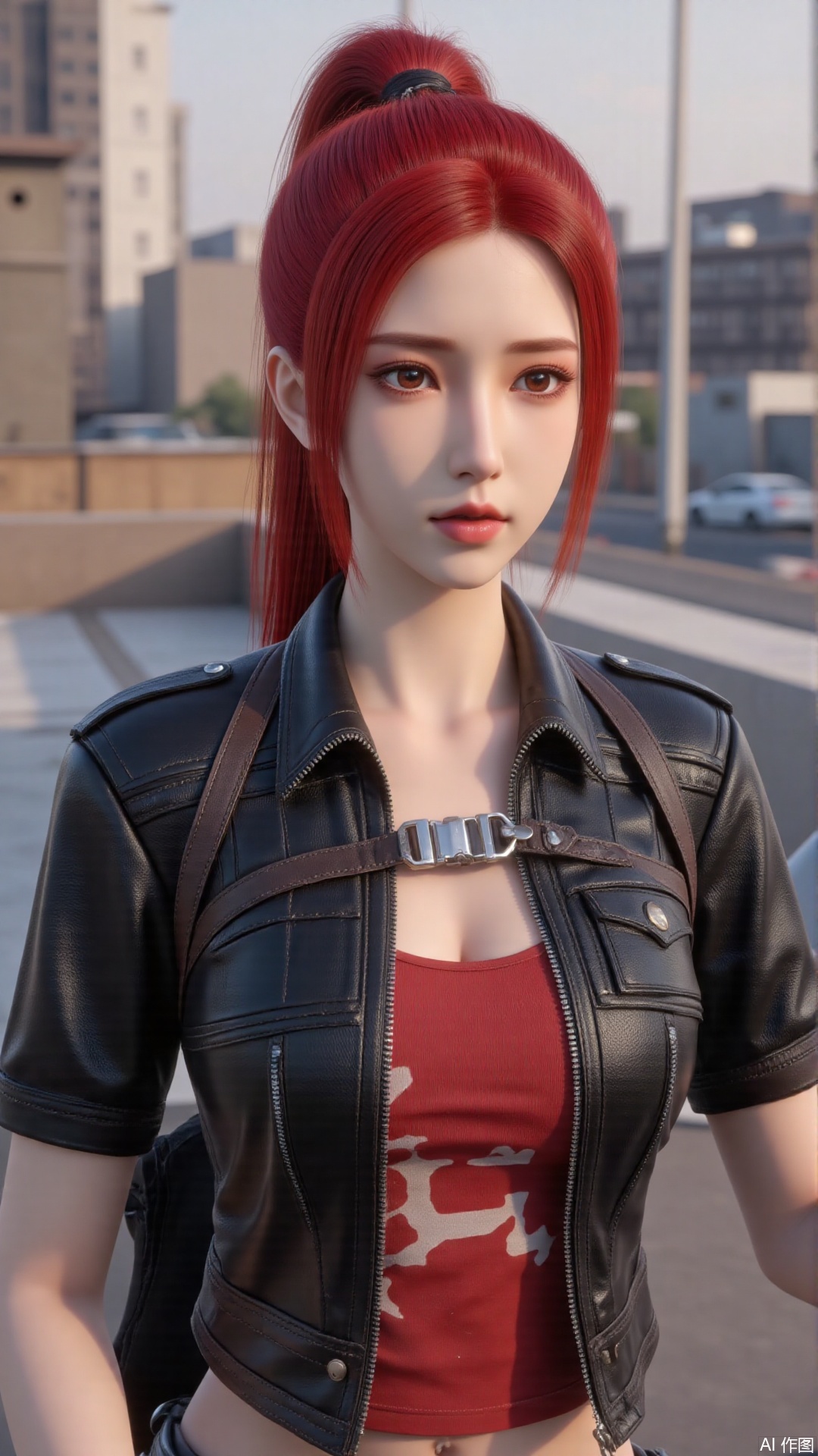 1girl, red hair, ponytail, jacket, mischevious smile, perfect body, scenery, sharp focus, best quality, masterpiece, detailed outfit, illustration, perfect eyes, finely detailed beautiful anime eyes, realistic skin, intricate details, best lighting, depth of field, ultra high resolution, cowboy shot