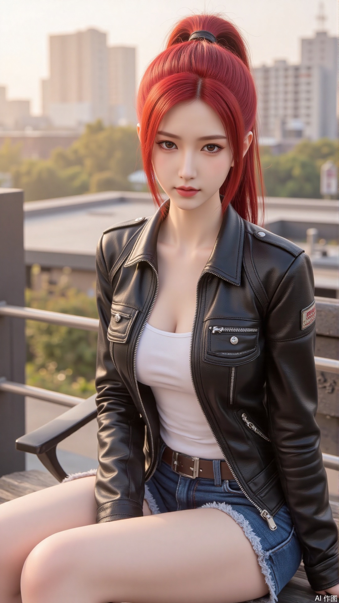 1girl, red hair, ponytail, jacket, mischevious smile, perfect body, scenery, sharp focus, best quality, masterpiece, detailed outfit, illustration, perfect eyes, finely detailed beautiful anime eyes, realistic skin, intricate details, best lighting, depth of field, ultra high resolution, sitting