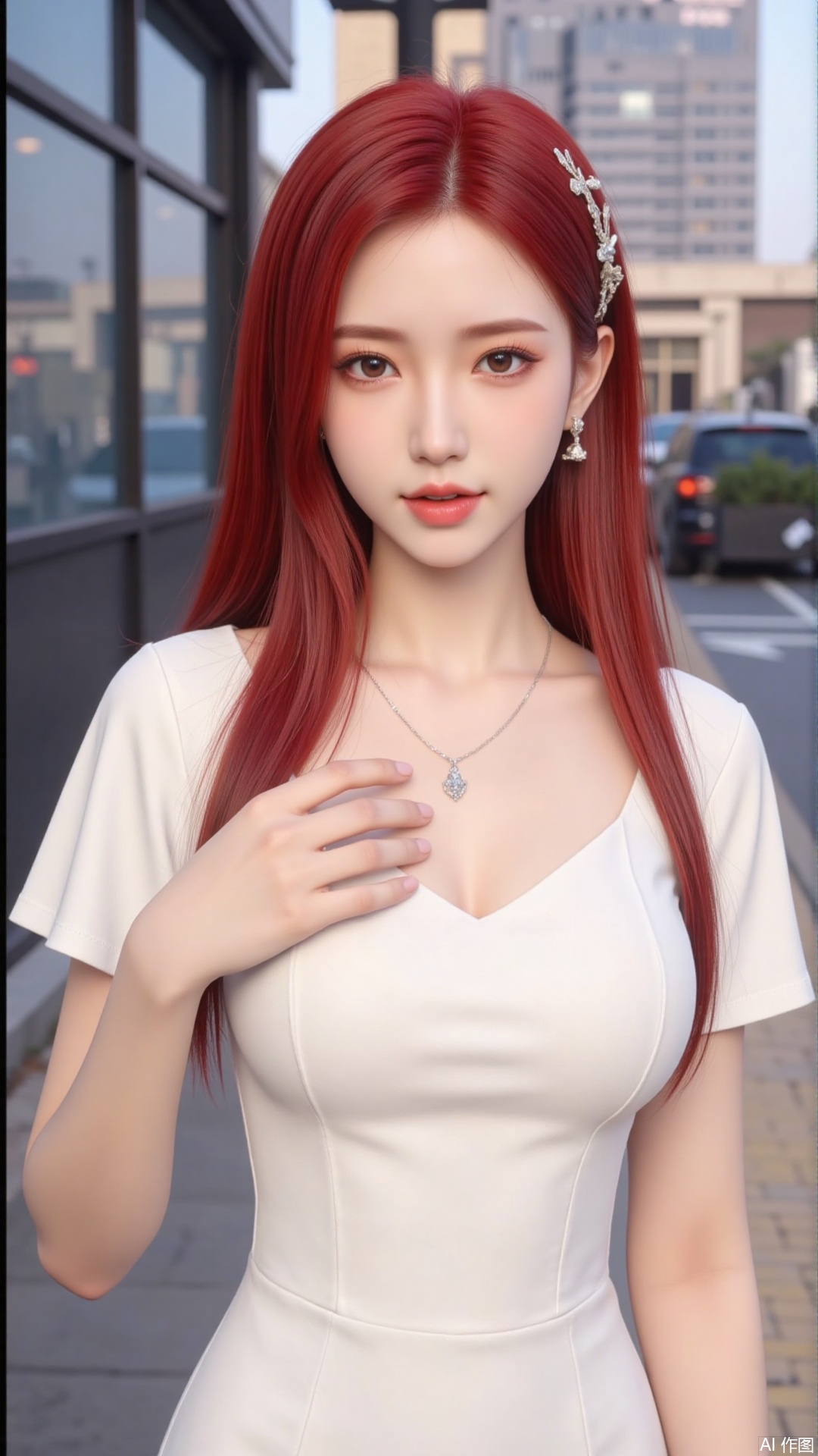 1girl, red hair, long hair, white dress, mischevious smile, perfect body, scenery, sharp focus, best quality, masterpiece, detailed outfit, illustration, perfect eyes, finely detailed beautiful anime eyes, realistic skin, intricate details, best lighting, depth of field, ultra high resolution, cowboy shot