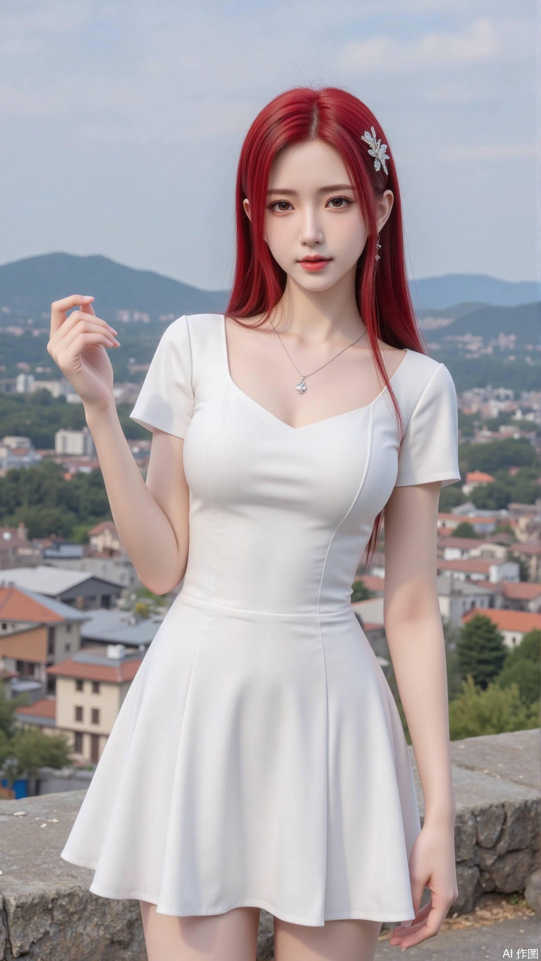 1girl, red hair, long hair, white dress, mischevious smile, perfect body, scenery, sharp focus, best quality, masterpiece, detailed outfit, illustration, perfect eyes, finely detailed beautiful anime eyes, realistic skin, intricate details, best lighting, depth of field, ultra high resolution, cowboy shot