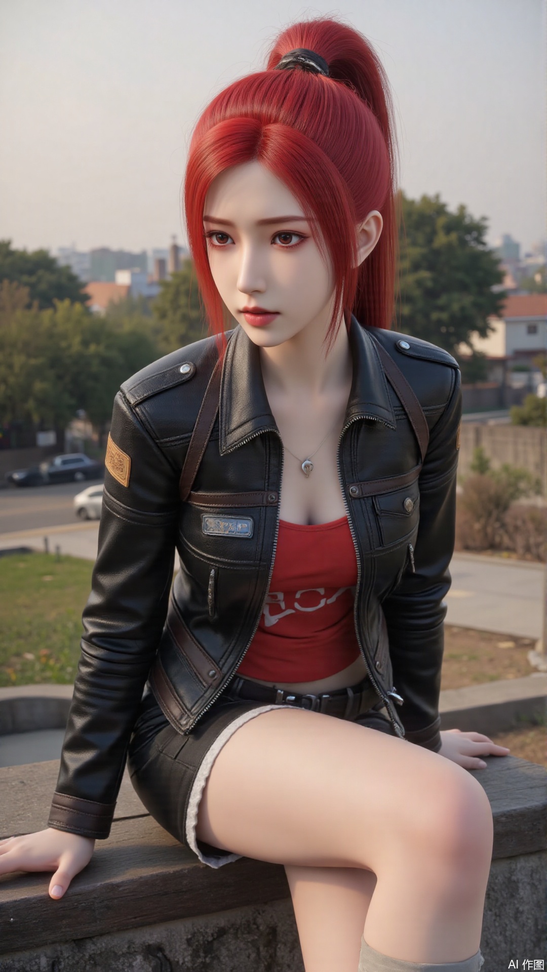 1girl, red hair, ponytail, jacket, mischevious smile, perfect body, scenery, sharp focus, best quality, masterpiece, detailed outfit, illustration, perfect eyes, finely detailed beautiful anime eyes, realistic skin, intricate details, best lighting, depth of field, ultra high resolution, sitting