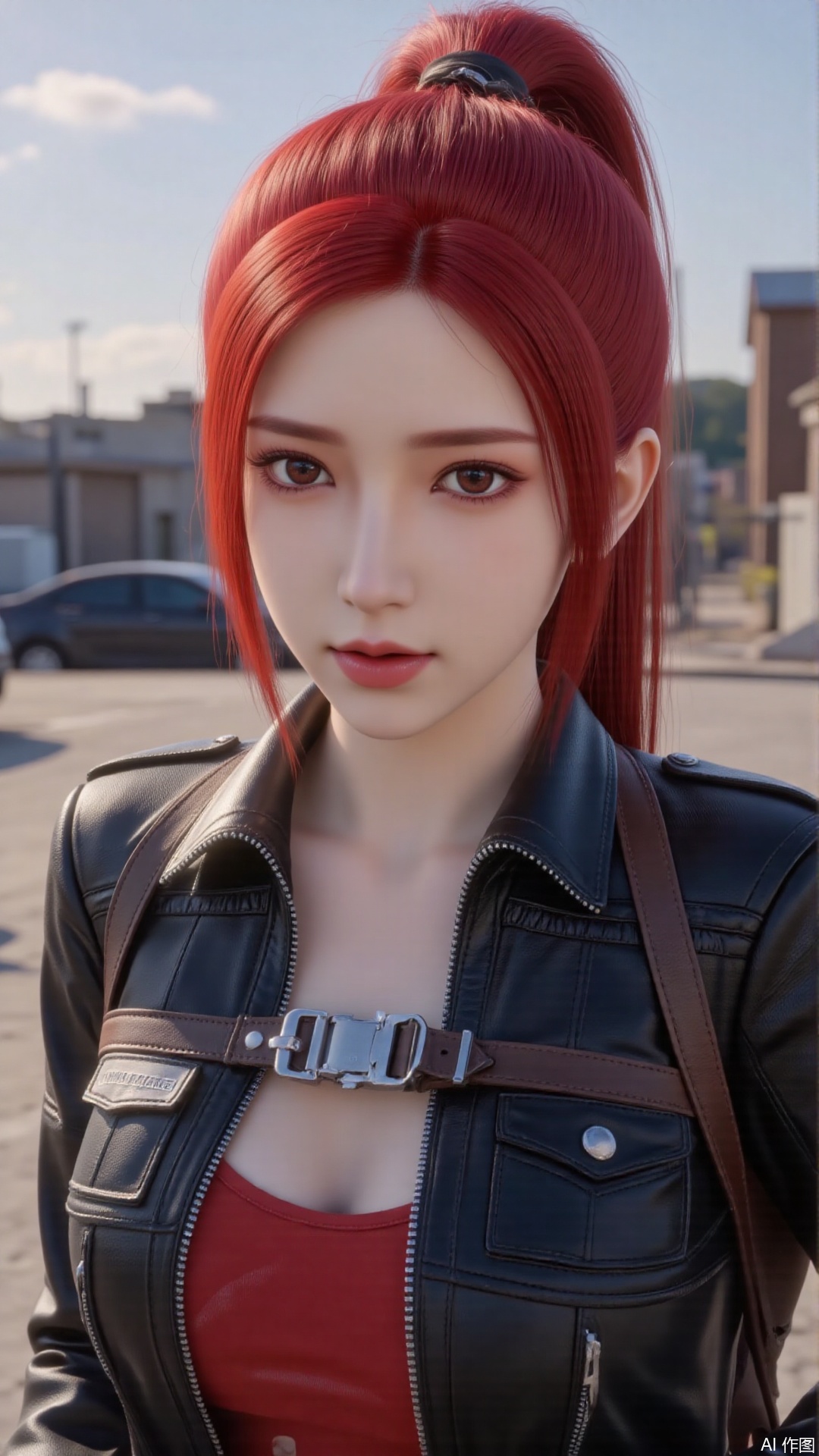 1girl, red hair, ponytail, jacket, mischevious smile, perfect body, scenery, sharp focus, best quality, masterpiece, detailed outfit, illustration, perfect eyes, finely detailed beautiful anime eyes, realistic skin, intricate details, best lighting, depth of field, ultra high resolution, cowboy shot
