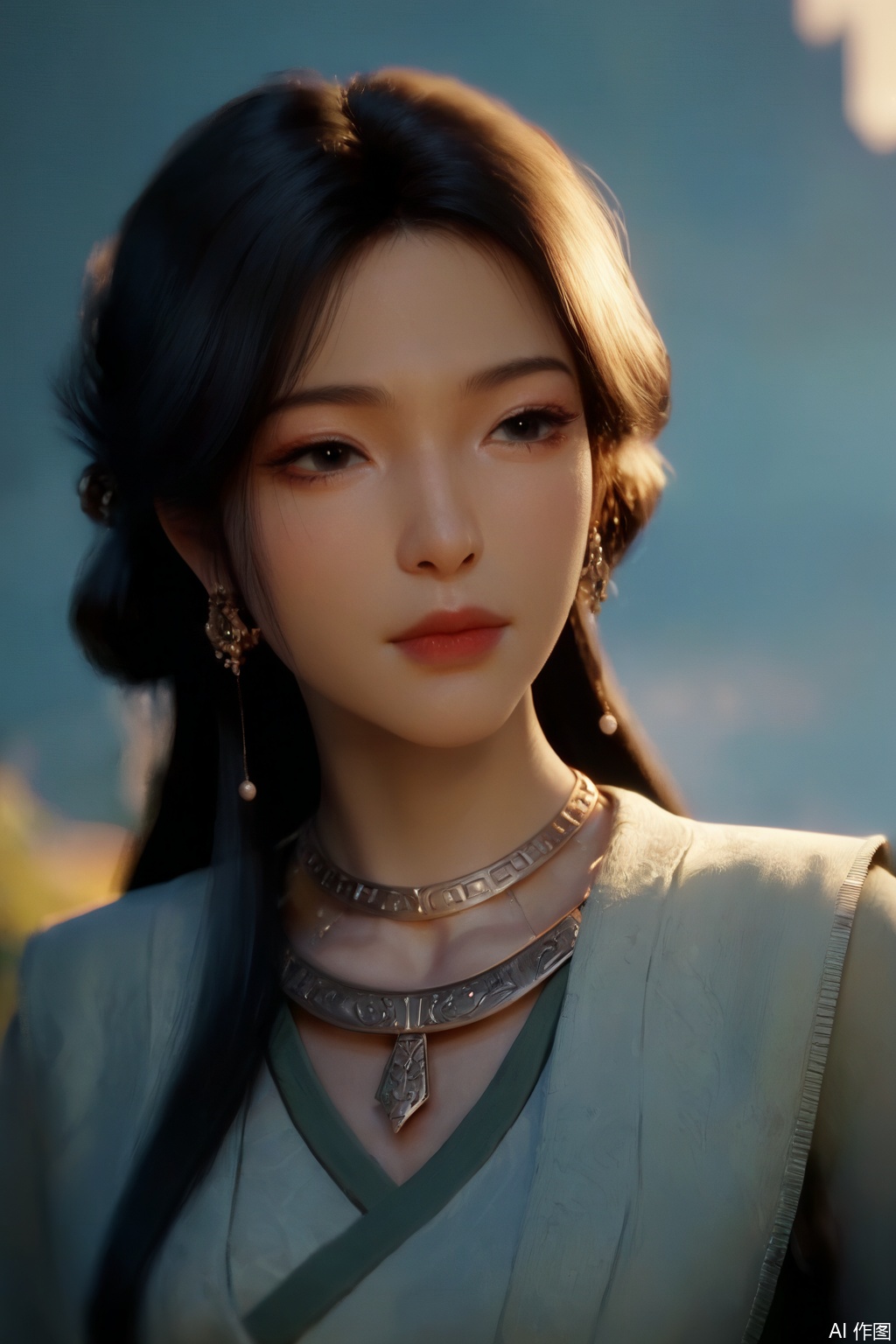 score_9_up,score_8_up,1girl, solo, long hair, black hair, dress, jewelry, closed mouth, earrings, necklace, blurry, black eyes, lips, makeup, portrait, realistic, red lips,MeiNing