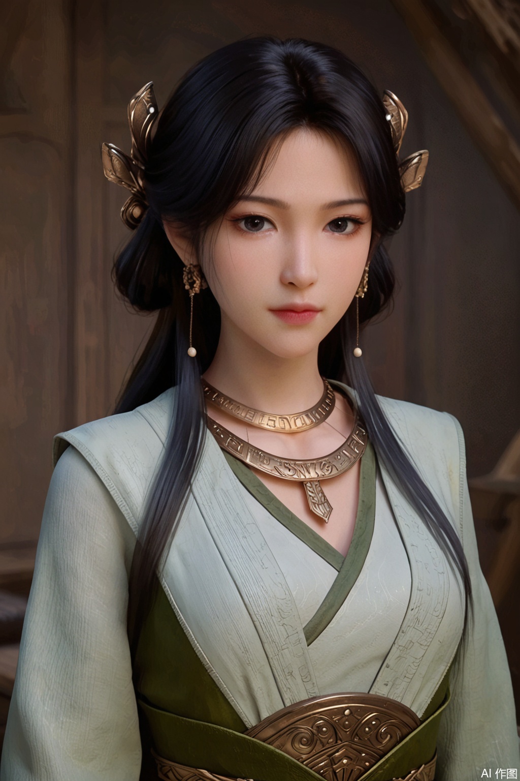 score_9_up,1girl, solo, long hair, looking at viewer, black hair, hair ornament, jewelry, closed mouth, upper body, earrings, necklace, sash, realistic,MeiNing