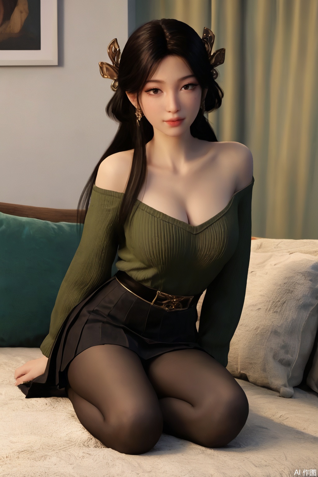 score_9_up,score_8_up,score_7_up,(Best quality, masterpiece, 4K),1girl, solo, long hair, big breasts,( off-shoulder sweater:1.3 ),(black pleated_skirt:1.3) ,indoor,looking at viewer, brown eyes,  lips, sitting,couch,black pantyhose , black hair,hair ornament,MeiNing