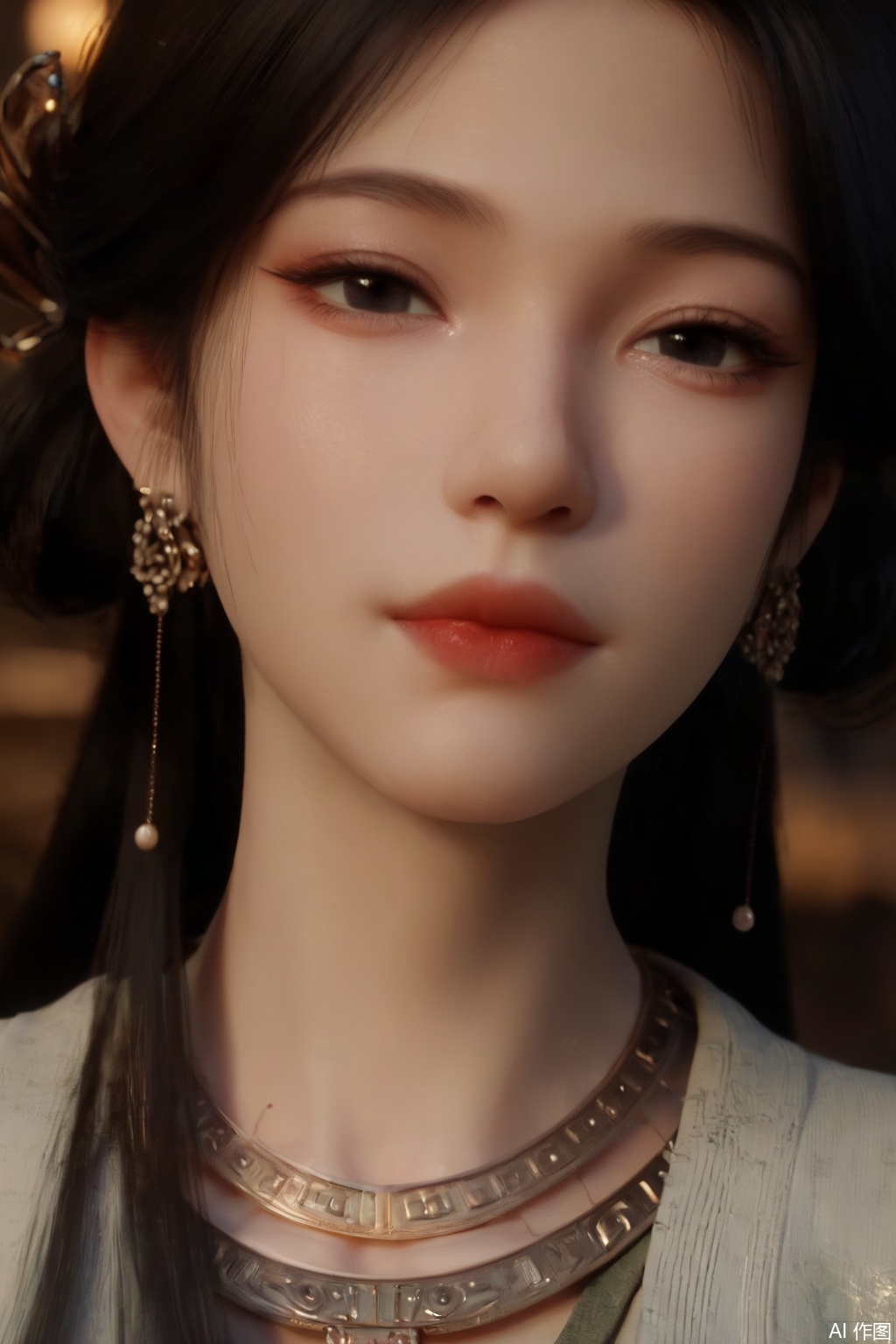 score_9_up,score_8_up,1girl, solo, long hair, black hair, dress, jewelry, closed mouth, earrings, necklace, blurry, black eyes, lips, makeup, portrait, realistic, red lips,MeiNing
