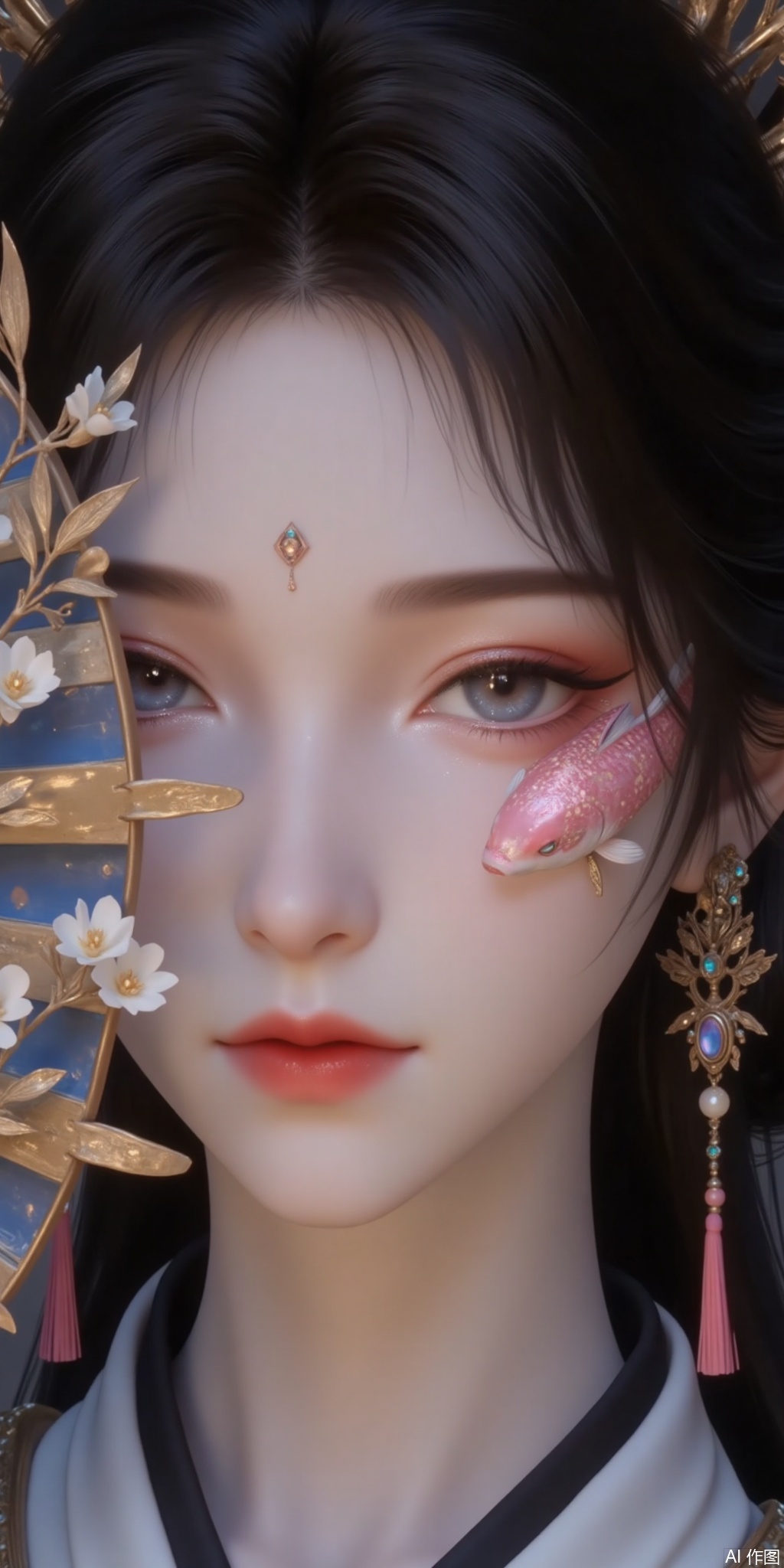 Black-haired woman,  blue eyes,  eye makeup with glitter pink by 初级学徒℡ on Tensor.Art