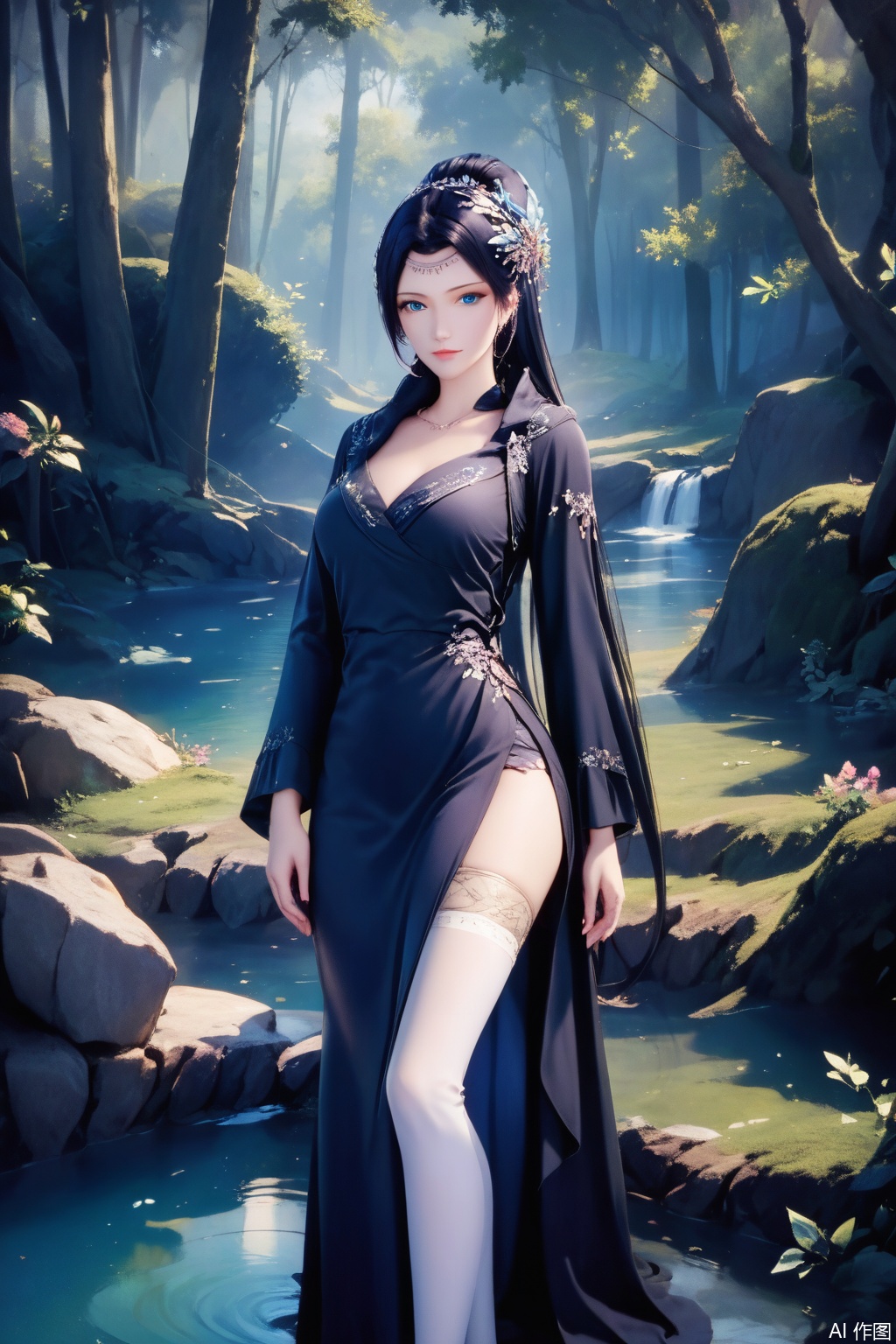score_9,score_8_up,score_7_up,,1girl, solo, long hair, looking at viewer, blue eyes, black hair, hair ornament, long sleeves, dress, Black dress,masterpiece,best quality,official art,extremely detailed CG unity 8k wallpaper,Thigh exposed,thighhighs,looking at viewer,Forest,Forest,