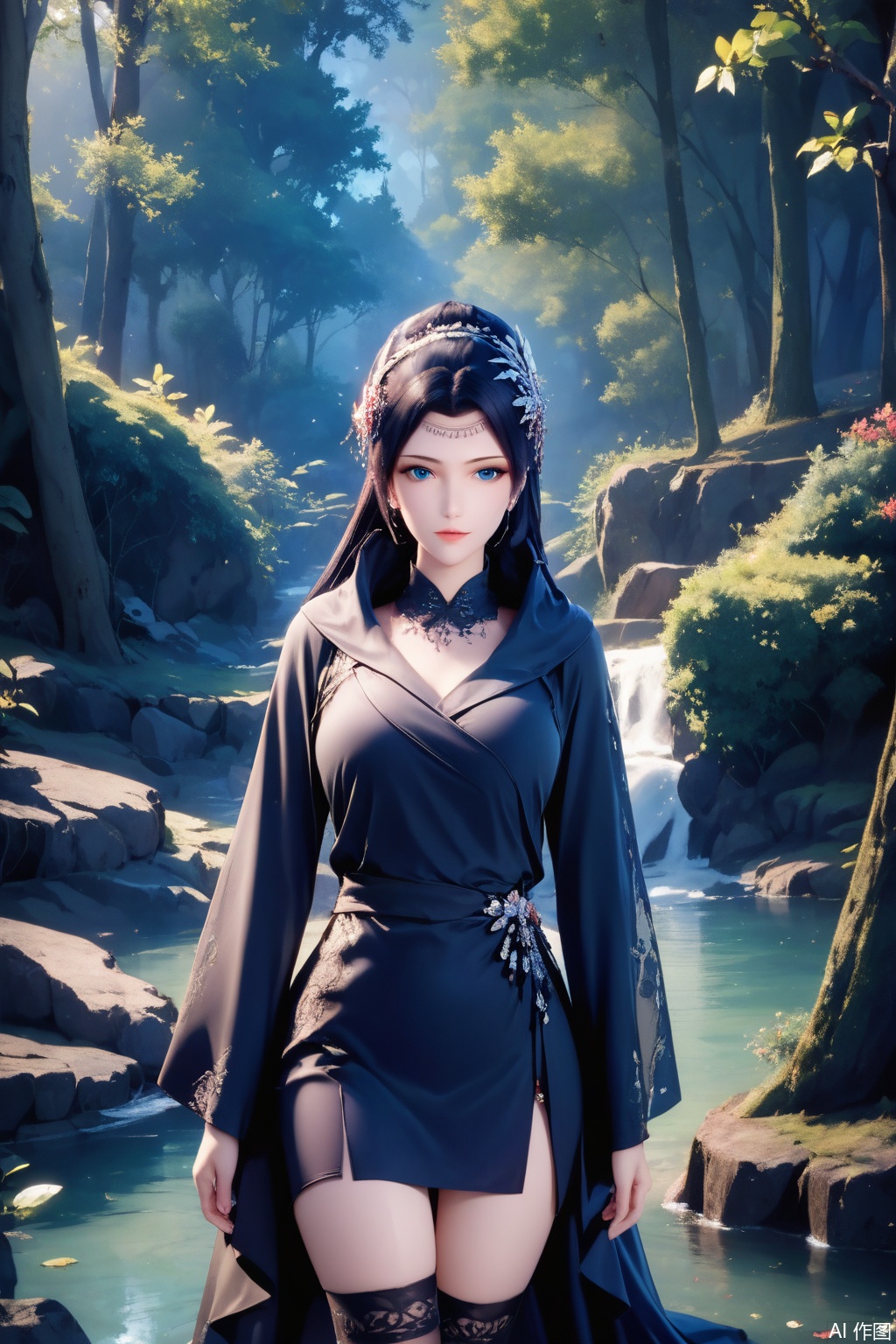 score_9,score_8_up,score_7_up,,1girl, solo, long hair, looking at viewer, blue eyes, black hair, hair ornament, long sleeves, dress, Black dress,masterpiece,best quality,official art,extremely detailed CG unity 8k wallpaper,Thigh exposed,thighhighs,looking at viewer,Forest,Forest,