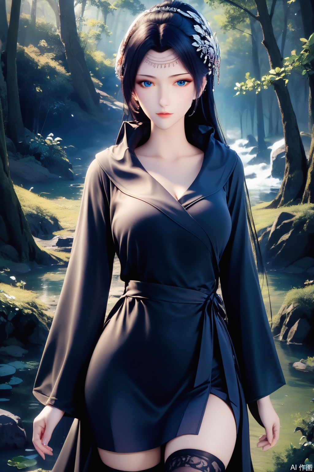 score_9,score_8_up,score_7_up,,1girl, solo, long hair, looking at viewer, blue eyes, black hair, hair ornament, long sleeves, dress, Black dress,masterpiece,best quality,official art,extremely detailed CG unity 8k wallpaper,Thigh exposed,thighhighs,looking at viewer,Forest,Forest,