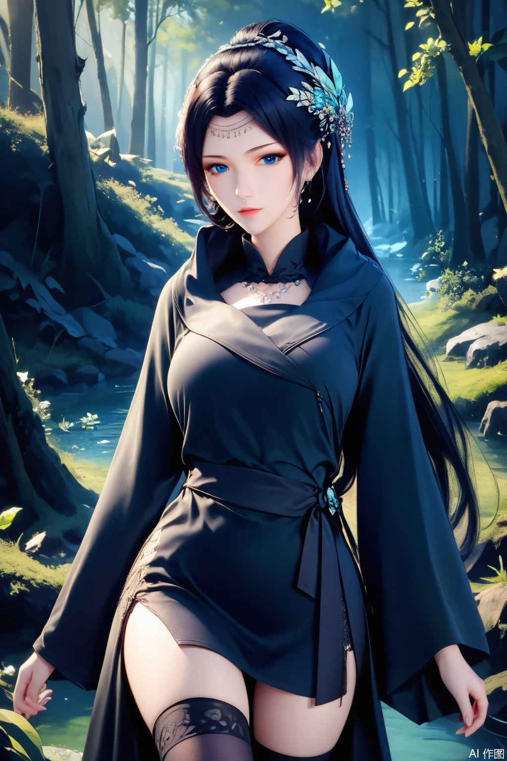 score_9,score_8_up,score_7_up,,1girl, solo, long hair, looking at viewer, blue eyes, black hair, hair ornament, long sleeves, dress, Black dress,masterpiece,best quality,official art,extremely detailed CG unity 8k wallpaper,Thigh exposed,thighhighs,looking at viewer,Forest,Forest,