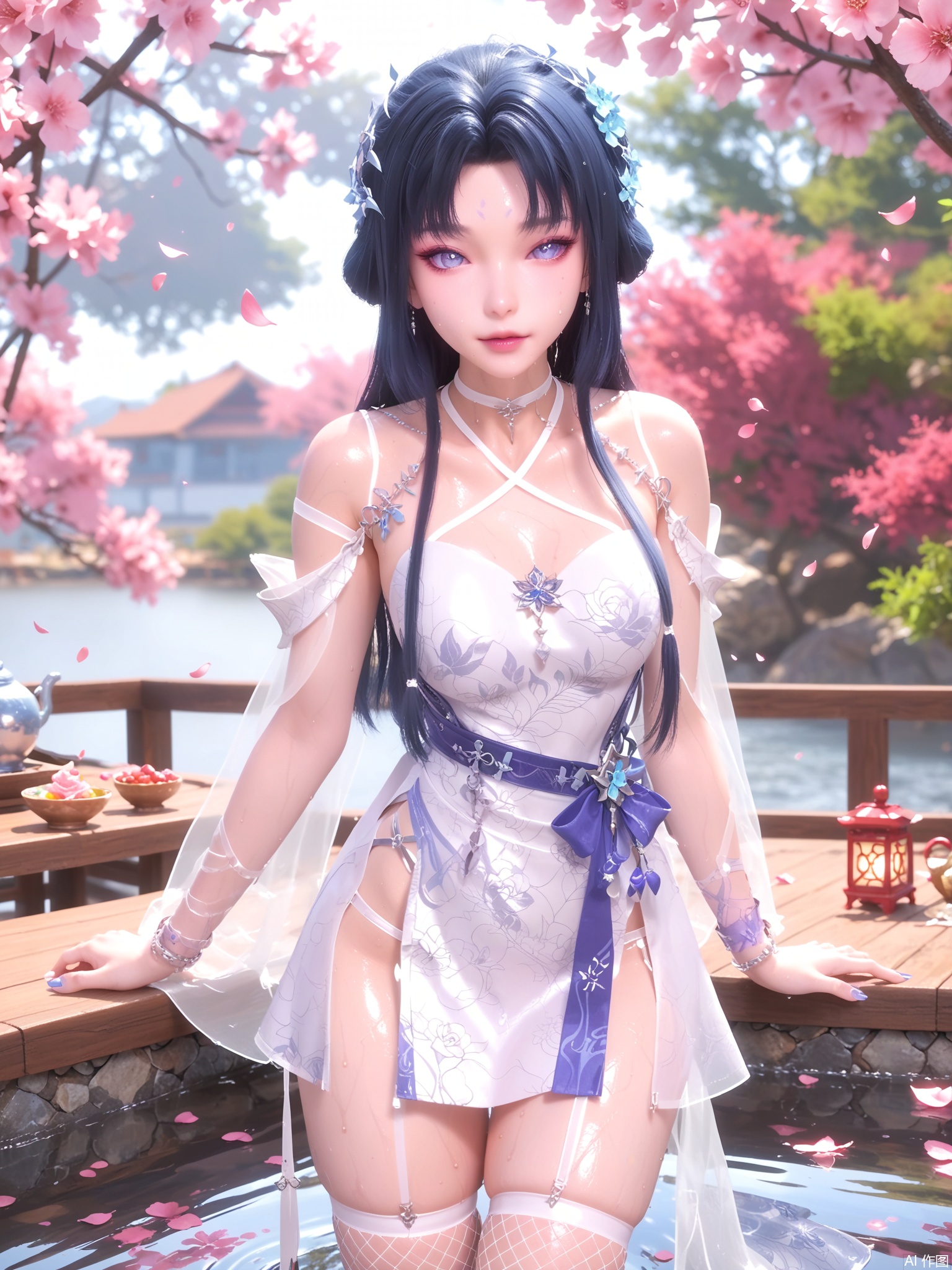 score_9,score_8_up,score_7_up,1girl,looking_at_viewer,realistic,1girl,Vivid Colors,bright environment,delicate water,hair_ornament,shiny skin,shiny hair,reflection,dress,jewelry,flower sea,falling petals,extreme detail description,(full body:0.3),put one hand on your side,long_hair,(skindentation:1.3),Fishnet stockings,bright,sunshine on face,chinese_clothes,black hair,light,sweating,(wariza:1.5),bright_pupils,white dress,