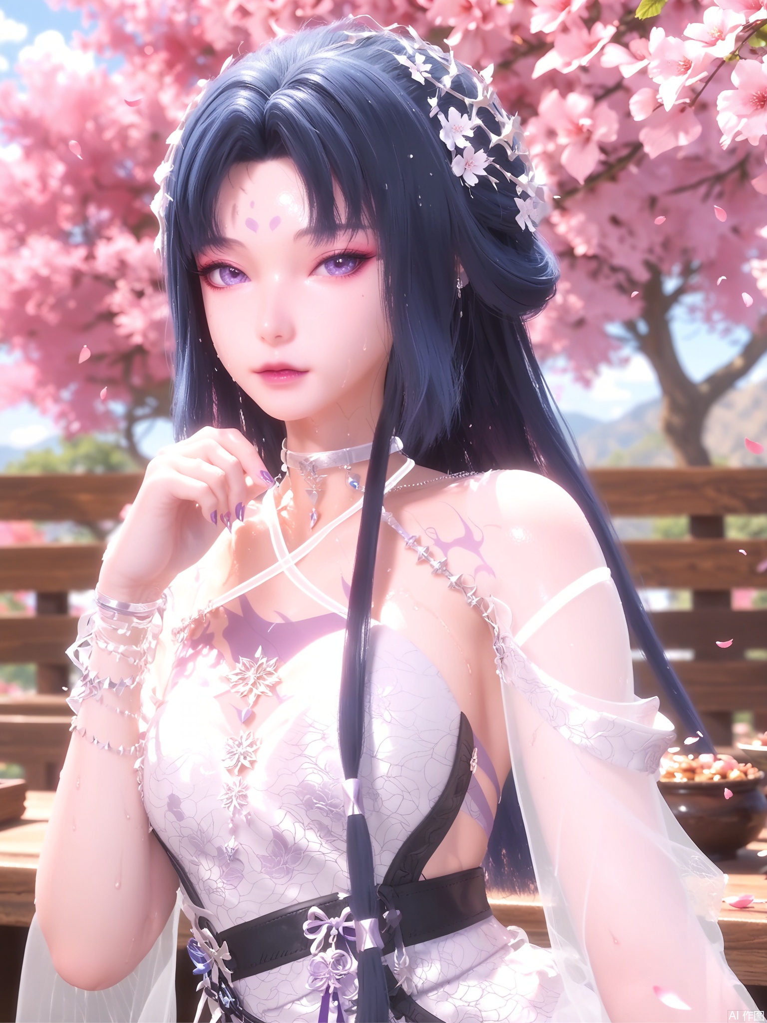 score_9,score_8_up,score_7_up,1girl,looking_at_viewer,realistic,1girl,Vivid Colors,bright environment,delicate water,hair_ornament,shiny skin,shiny hair,reflection,dress,jewelry,flower sea,falling petals,extreme detail description,(upper body:0.5),put one hand on your side,long_hair,(skindentation:1.3),Fishnet stockings,bright,sunshine on face,chinese_clothes,light,sweating,(wariza:1.5),white dress,black-hair,pale_skin