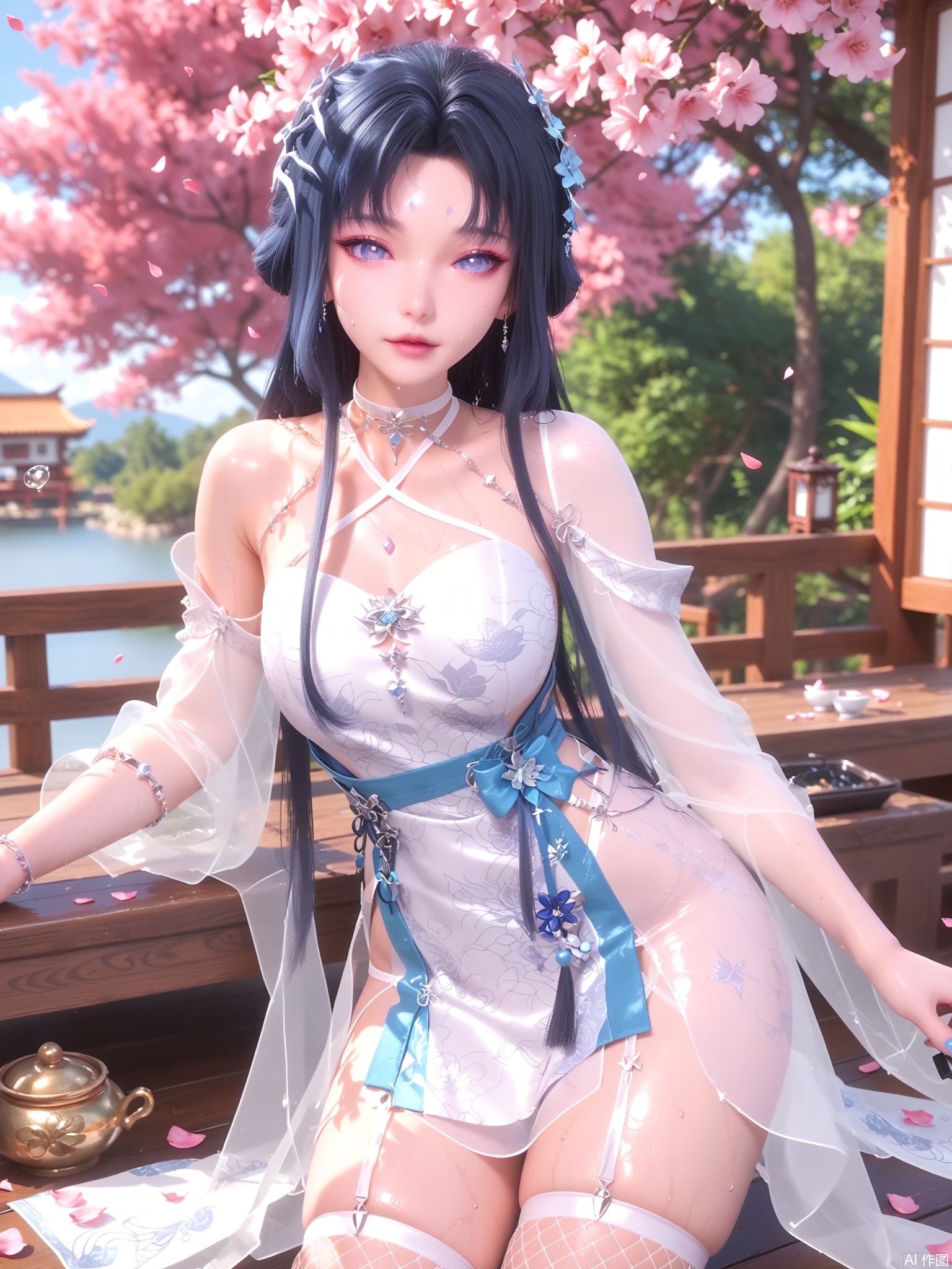 score_9,score_8_up,score_7_up,1girl,looking_at_viewer,realistic,1girl,Vivid Colors,bright environment,delicate water,hair_ornament,shiny skin,shiny hair,reflection,dress,jewelry,flower sea,falling petals,extreme detail description,(full body:0.3),put one hand on your side,long_hair,(skindentation:1.3),Fishnet stockings,bright,sunshine on face,chinese_clothes,black hair,light,sweating,(wariza:1.5),bright_pupils,white dress