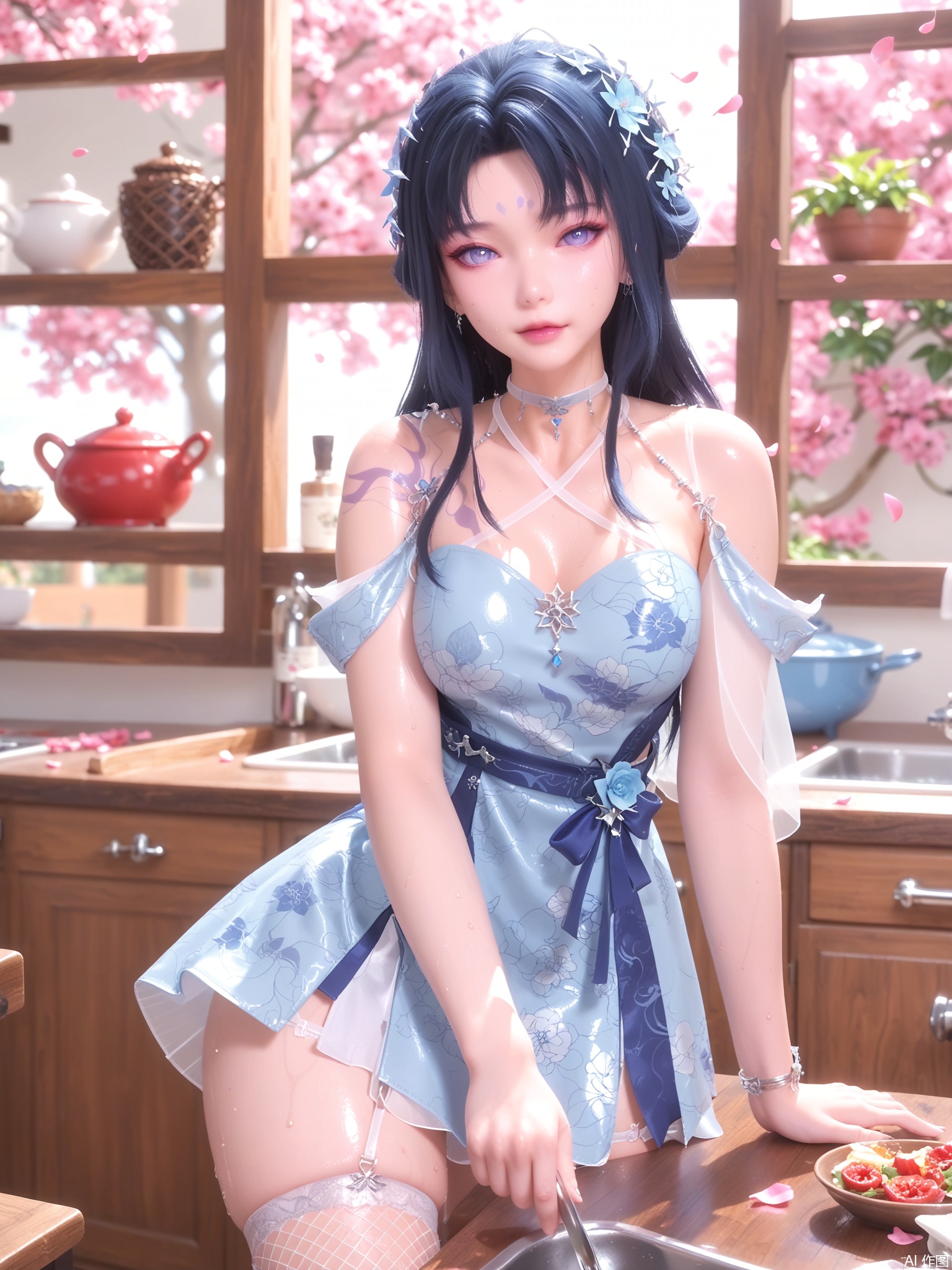 score_9,score_8_up,score_7_up,1girl,looking_at_viewer,realistic,1girl,Vivid Colors,bright environment,delicate water,hair_ornament,shiny skin,shiny hair,reflection,dress,jewelry,flower sea,falling petals,extreme detail description,(full body:0.3),put one hand on your side,long_hair,(skindentation:1.3),Fishnet stockings,bright,sunshine on face,chinese_clothes,black hair,light,sweating,kitchen,(wariza:1.5),bright_pupils