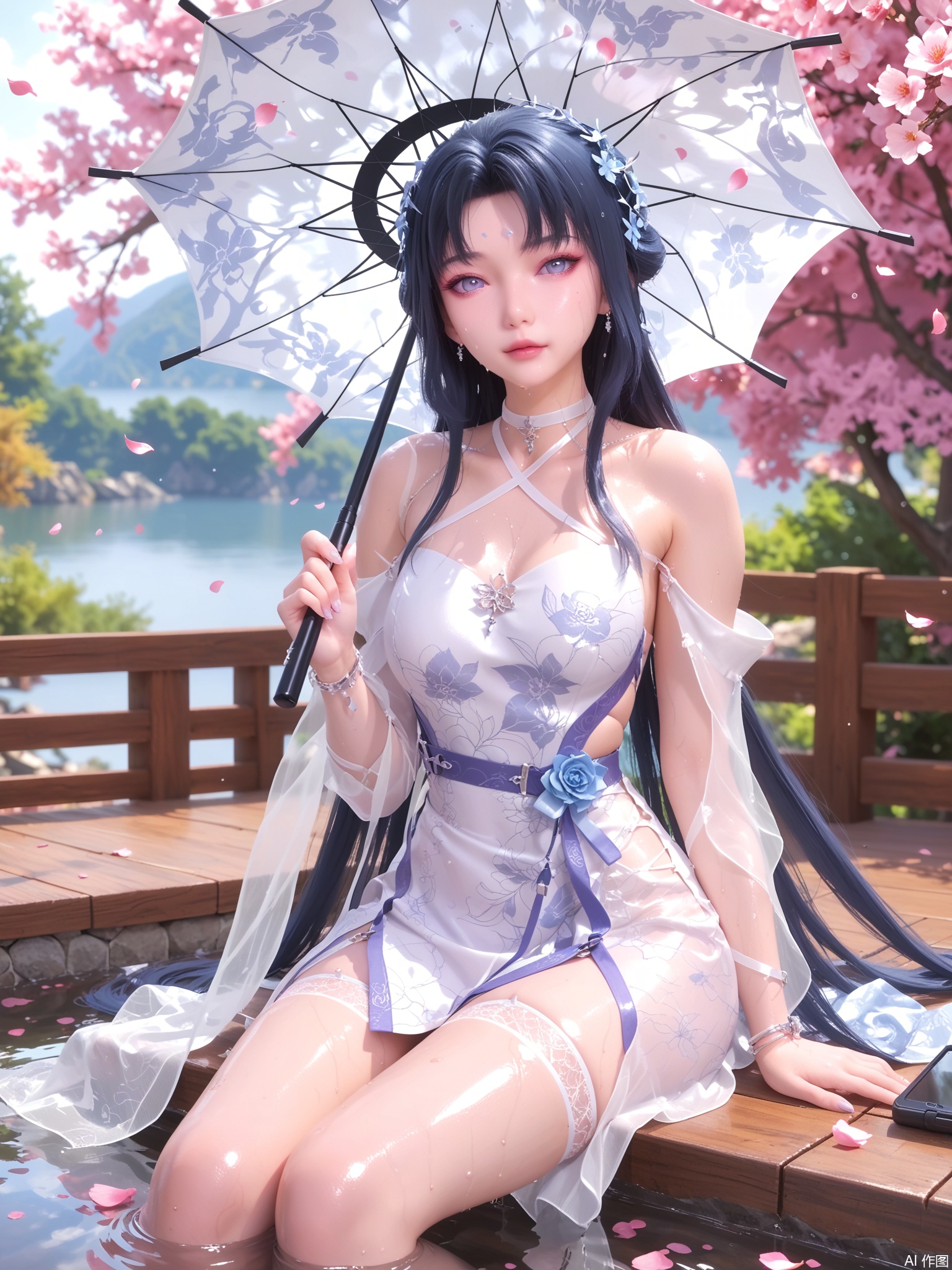 score_9,score_8_up,score_7_up,1girl,looking_at_viewer,realistic,1girl,Vivid Colors,umbrella,bright environment,delicate water,hair_ornament,shiny skin,shiny hair,reflection,dress,jewelry,flower sea,falling petals,extreme detail description,(upper body:0.3),put one hand on your side,long_hair,(skindentation:1.3),Fishnet stockings,bright,sunshine on face,chinese_clothes,black hair,light,sweating,(wariza:1.5),bright_pupils,white dress,sitting,