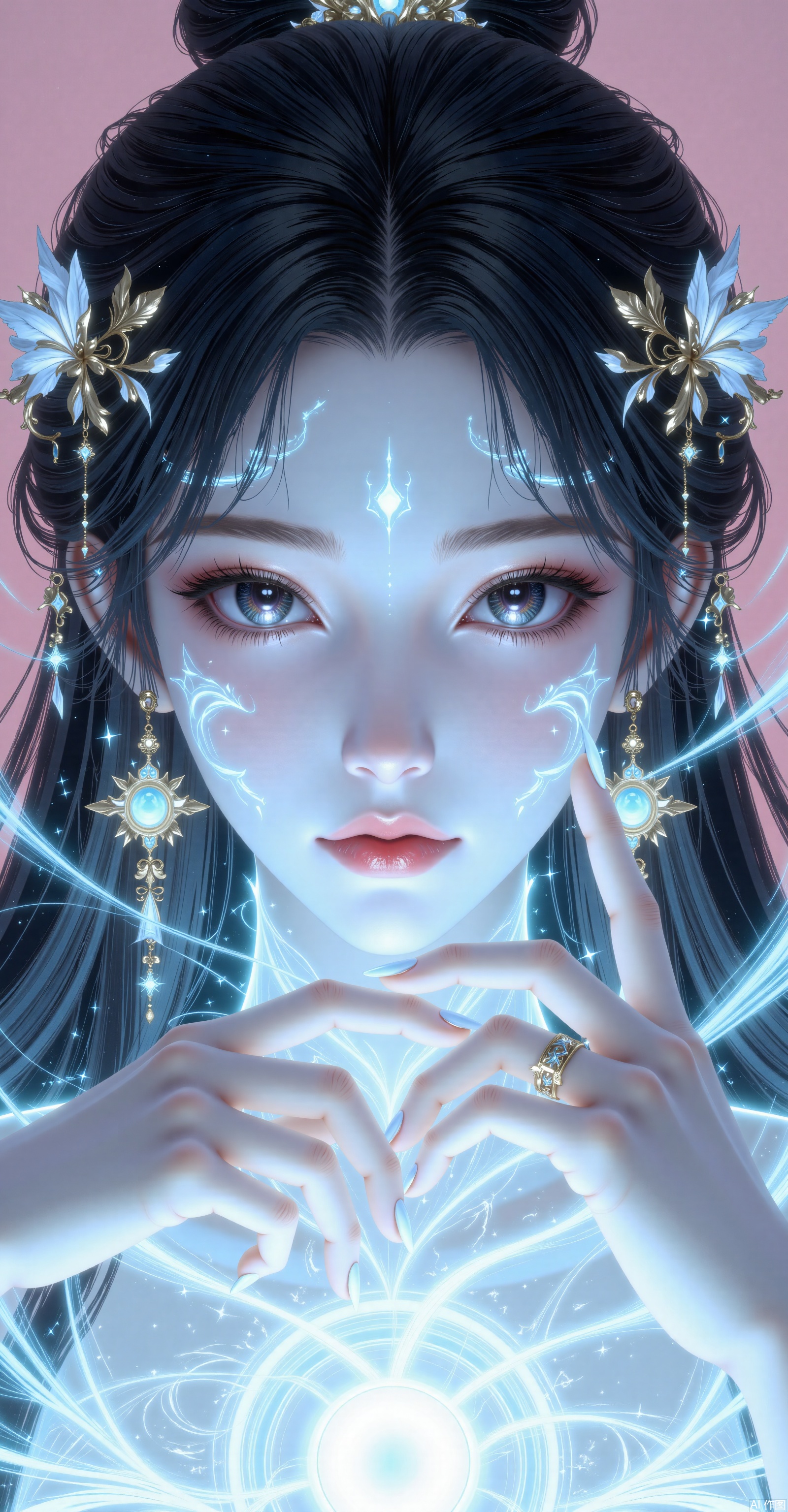 Spirit. Facing close-up, digital artwork depicts a beautiful and otherworldly woman. Her long hair and beautiful hair decorations. Her cheeks were large, with golden ornaments on her lips, black eyes and complex and glowing blue marks. Her hands touched her hair, surrounded by a spinning blue light. The background is pink, which enhances her glowing effect. This is a close-up of a woman's face.