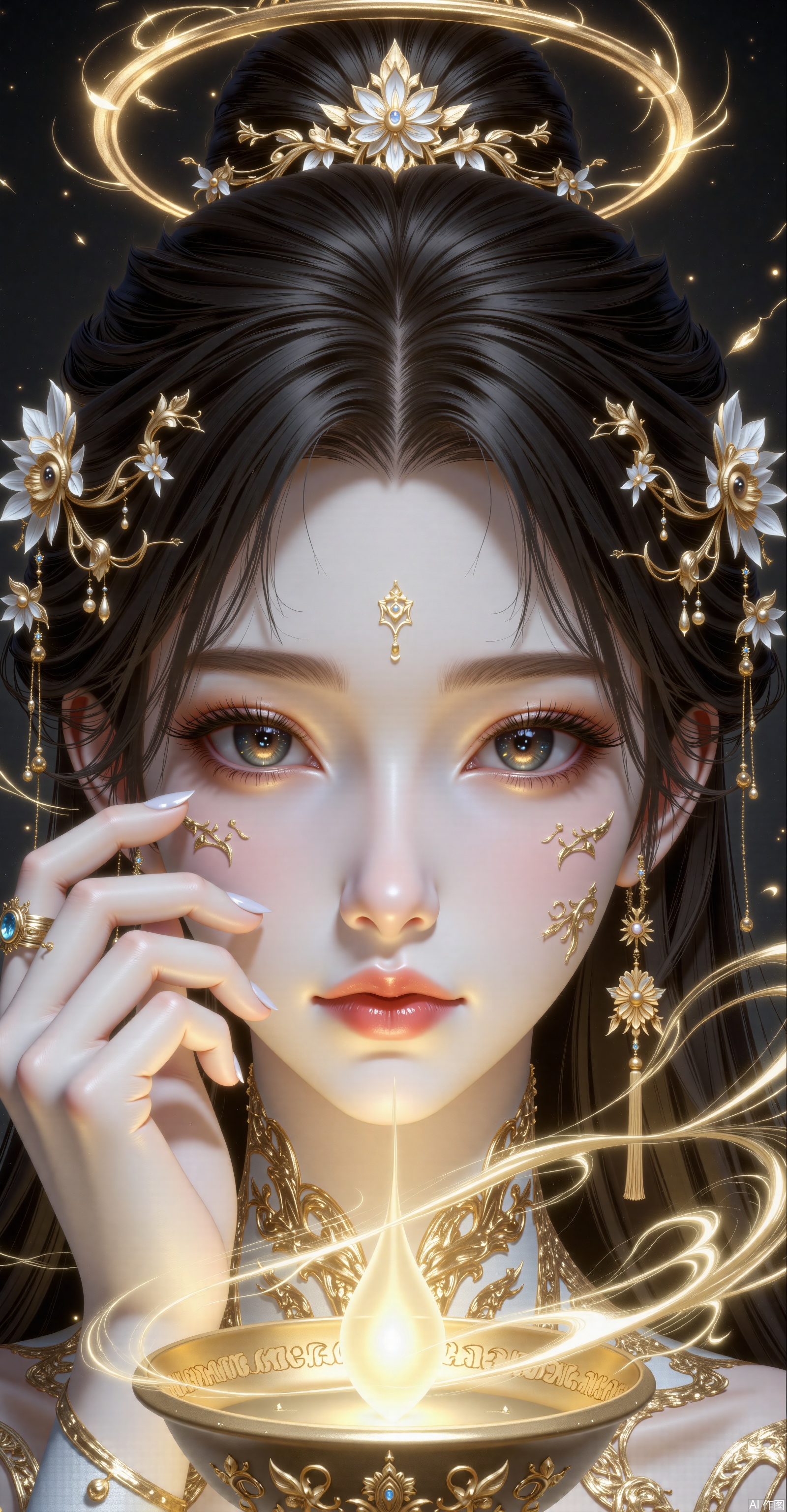 Spirit. Face close-up, digital artwork depicts a beautiful and otherworldly woman. Her long hair and beautiful hair decorations. Her cheeks were big, with golden ornaments on her lips, black eyes and complex, glowing golden marks. Her hands touched her hair, surrounded by a rotating golden lamp. The background is black, which enhances her glowing effect. This is the view of a woman's face.
