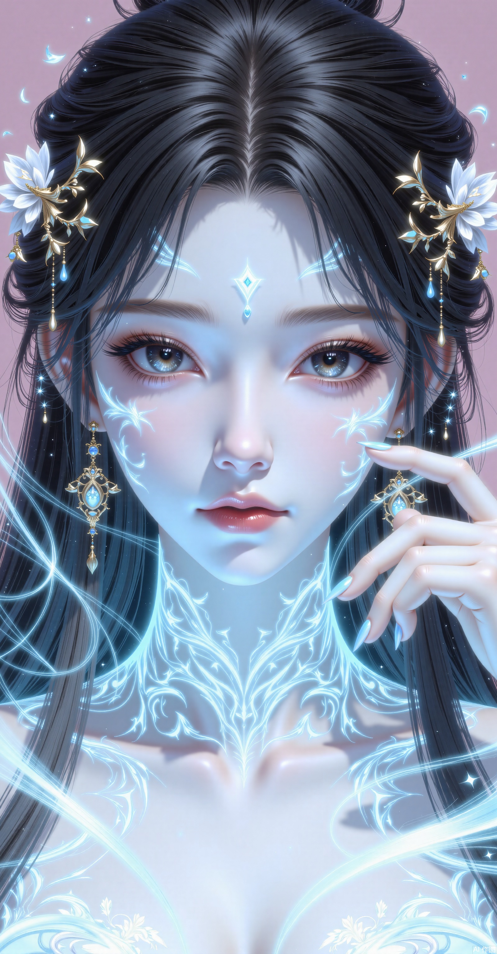 Spirit. Facing close-up, digital artwork depicts a beautiful and otherworldly woman. Her long hair and beautiful hair decorations. Her cheeks were large, with golden ornaments on her lips, black eyes and complex and glowing blue marks. Her hands touched her hair, surrounded by a spinning blue light. The background is pink, which enhances her glowing effect. This is a close-up of a woman's face.