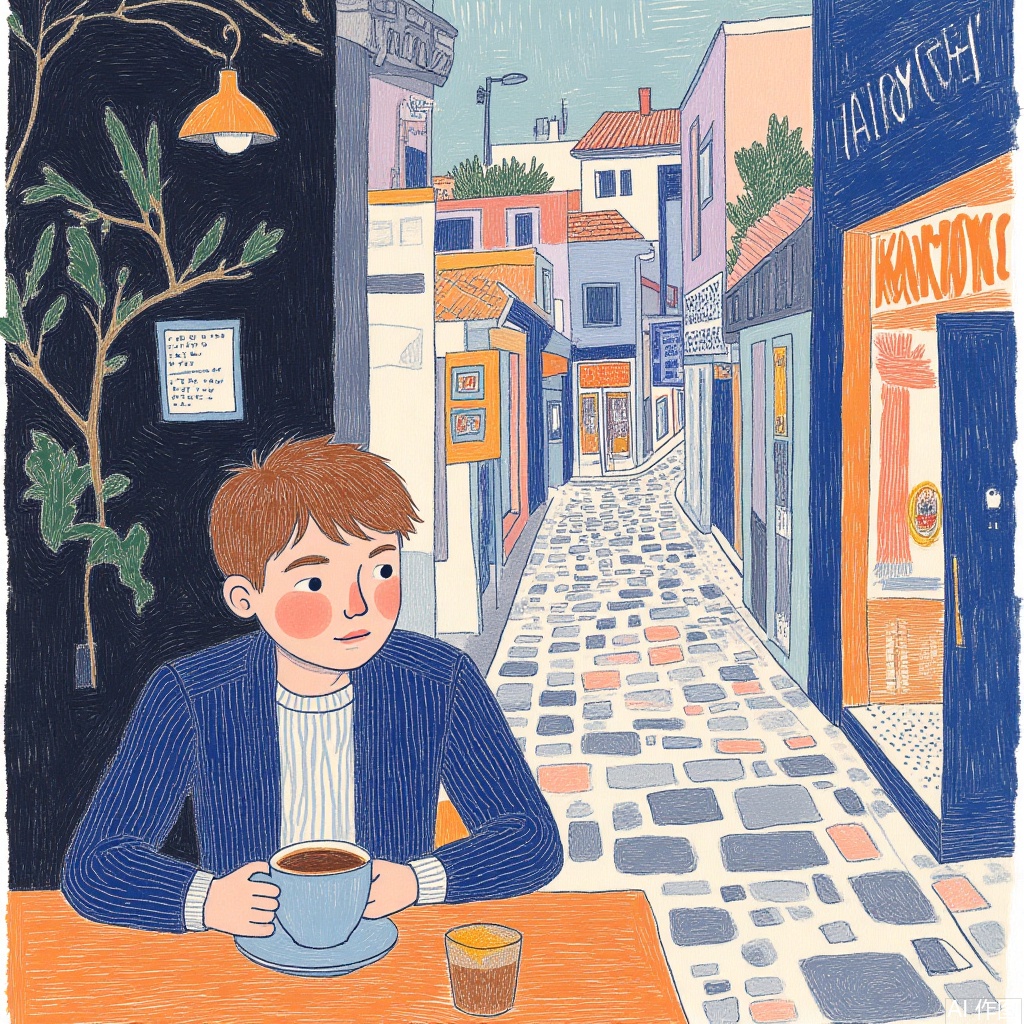 A boy in a coffee shop and coffee with a city alley in the background
