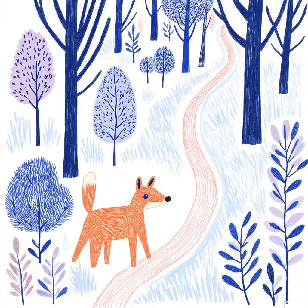  A whimsical, hand-drawn illustration in a folk-art style depicts a serene forest scene. A small, orange fox with a simple, cartoonish design stands on a winding path. The background features various stylized trees and bushes in shades of blue and purple, creating a calm, dreamy atmosphere. The overall color palette is soft and soothing. 