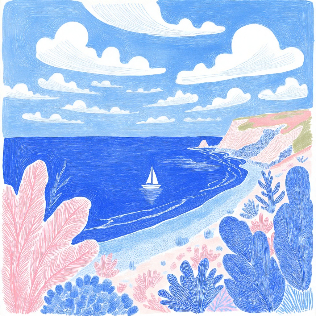 This is a vibrant, abstract watercolor painting depicting a coastal scene. The sky is a rich blue with wispy clouds, and the ocean is a deep blue with a small white sailboat. The foreground features pink and blue foliage, and the background includes distant rocky cliffs. The style is whimsical and dreamlike. 